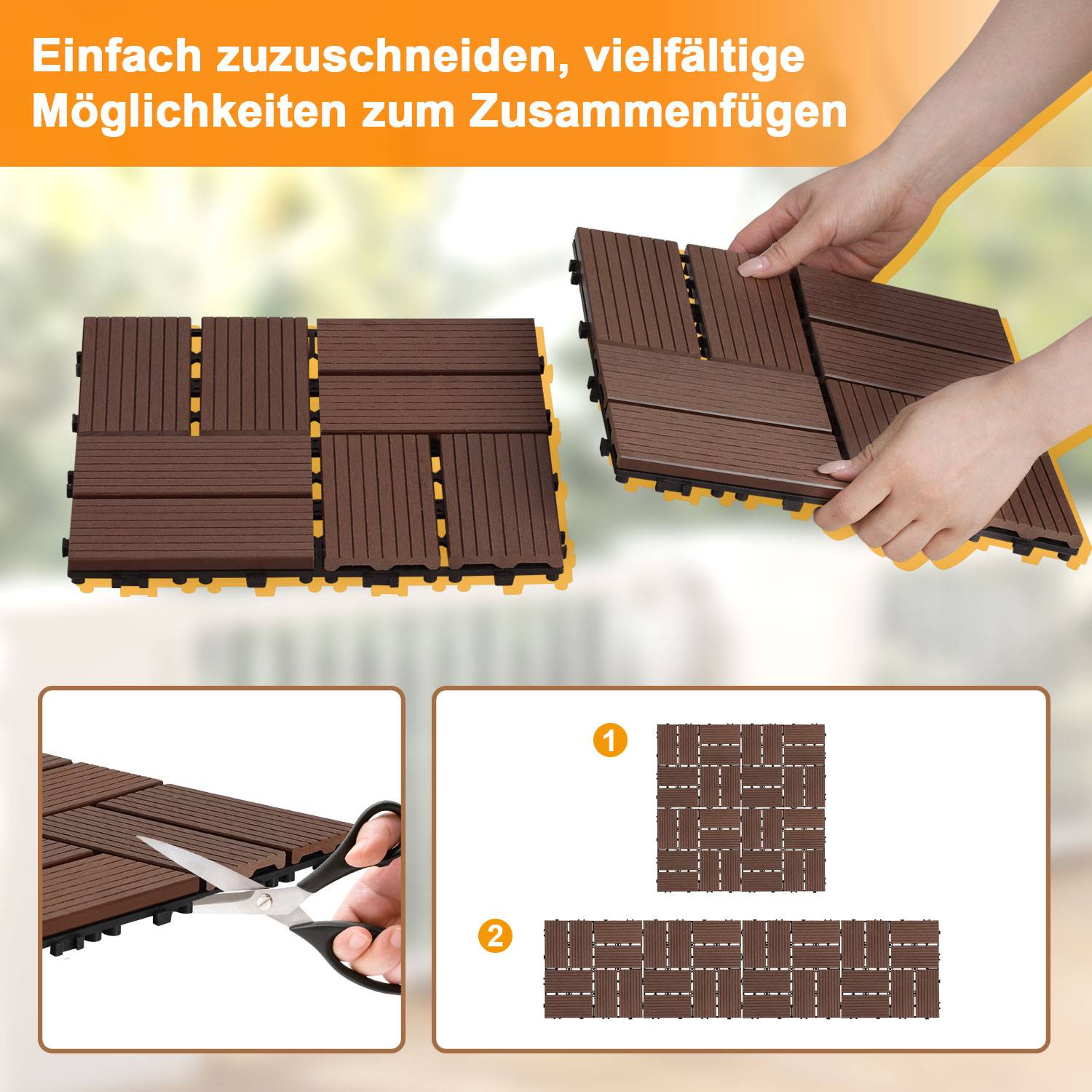 WPC Terrassenfliesen 8 m², 30 x 30 cm 88 Stücke, Terrassendielen mit 8 Latten in Holzoptik, für Garten Balkon Bodenbelag mit Drainage und Klicksyst