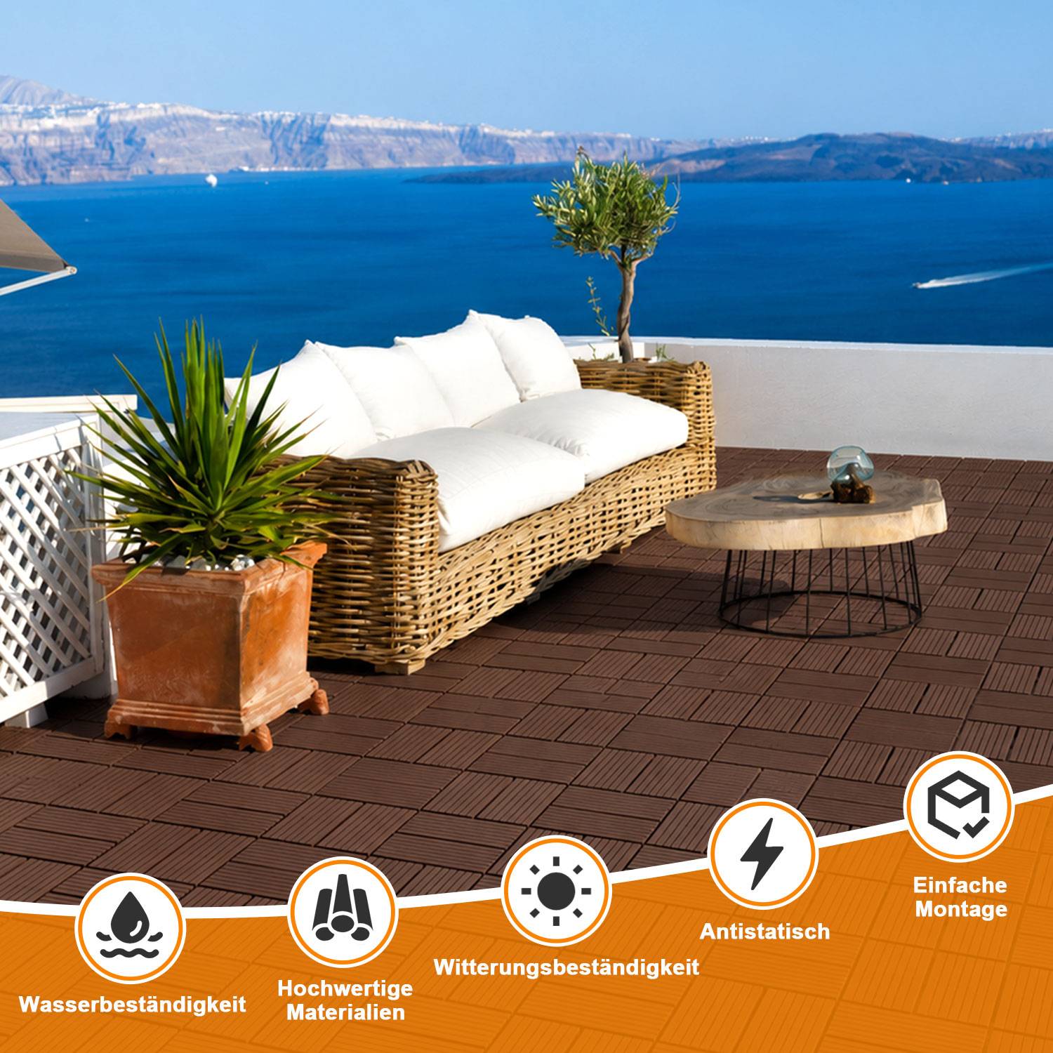 WPC Terrassenfliesen 8 m², 30 x 30 cm 88 Stücke, Terrassendielen mit 8 Latten in Holzoptik, für Garten Balkon Bodenbelag mit Drainage und Klicksyst
