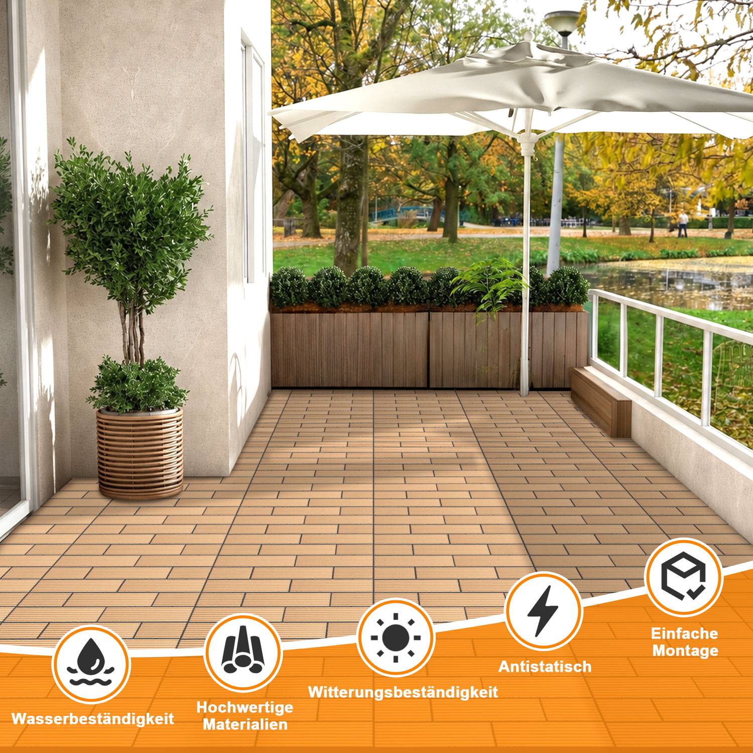 WPC Terrassenfliesen 6 m², 30 x 60 cm 36 Stücke, Terrassendielen mit 10 Latten in Holzoptik, für Garten Balkon Bodenbelag mit Drainage und Klicksys