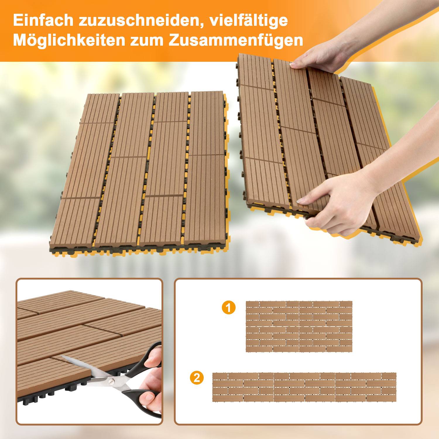 WPC Terrassenfliesen 6 m², 30 x 60 cm 36 Stücke, Terrassendielen mit 10 Latten in Holzoptik, für Garten Balkon Bodenbelag mit Drainage und Klicksys