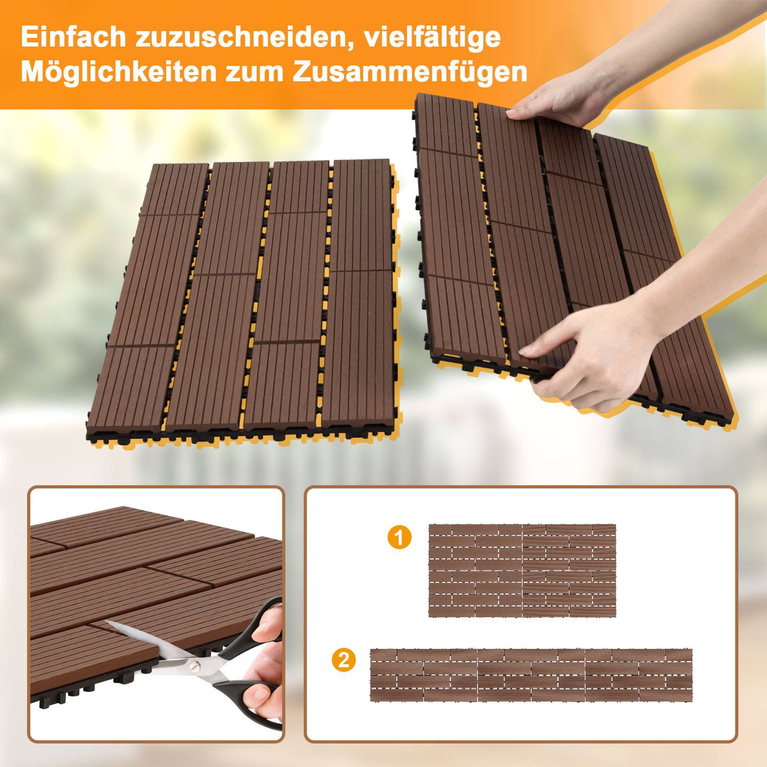 WPC Terrassenfliesen 10 m², 30 x 60 cm 60 Stücke, Terrassendielen mit 10 Latten in Holzoptik, für Garten Balkon Bodenbelag mit Drainage und Klicksy