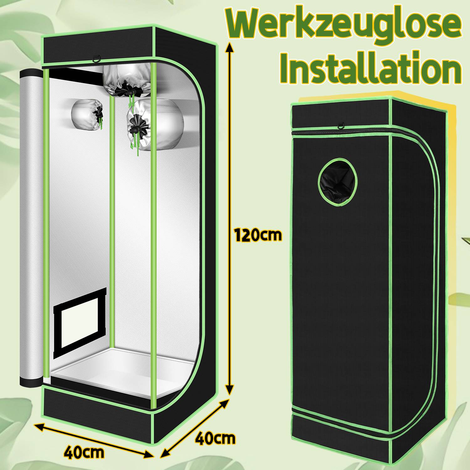 Growbox 40x40x120cm Pflanzzelt Indoor 600D Oxford, 99,9% lichtdicht, 95% reflektierend