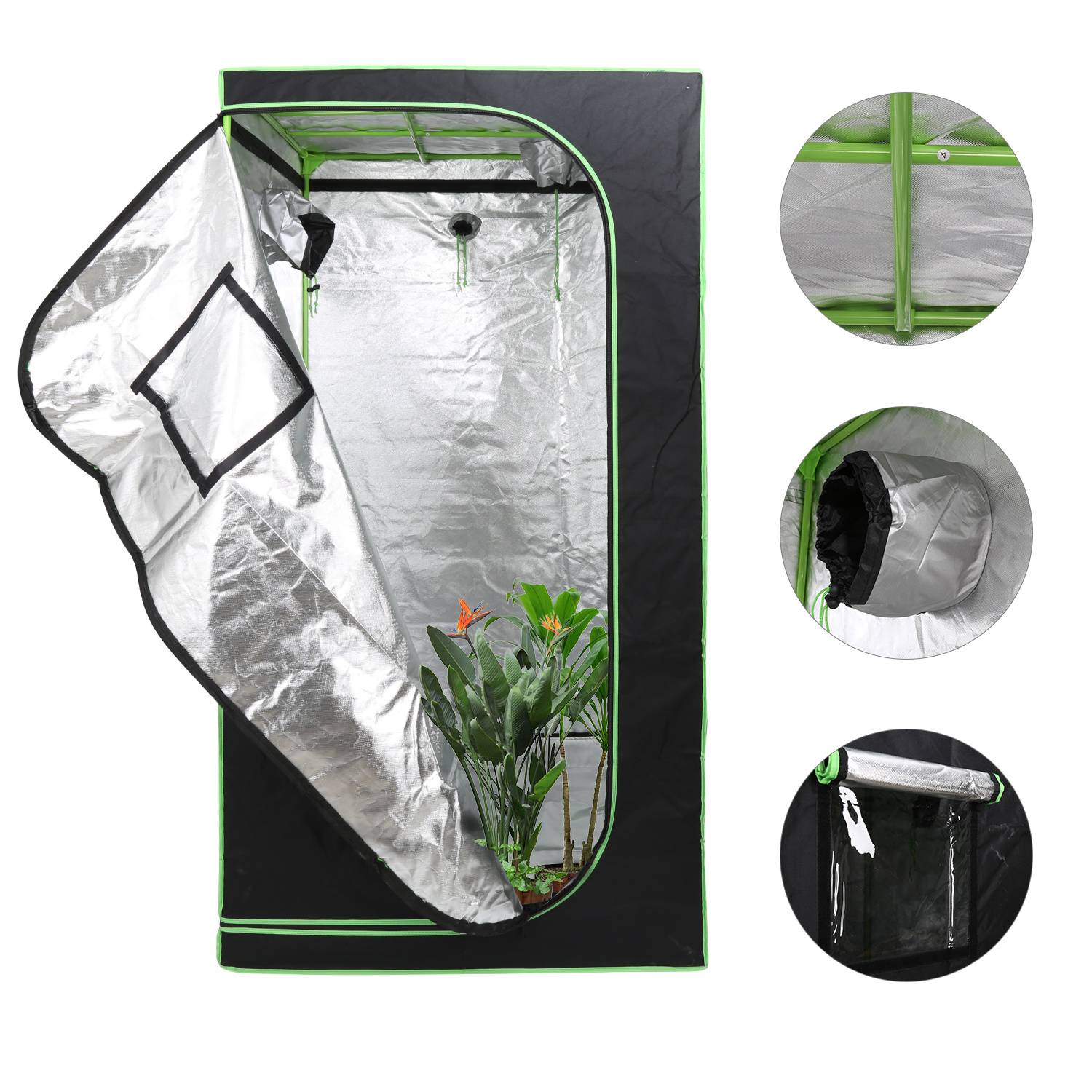 Growbox Indoor Pflanzzelt mit Reißverschluss, Kabelöffnungen und reflektierender Innenfolie 100x100x200cm