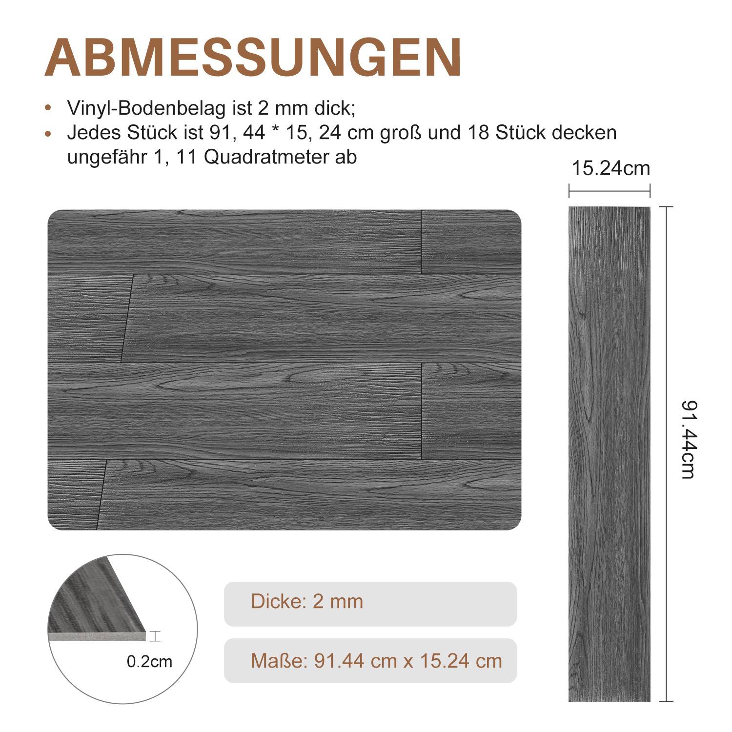 PVC Vinylboden Bodenbelag Selbstklebend 18 Stück 2.5 m², Wasserfest Rutschfest Vinyl Dielen für Küche, Wohnzimmer (Dunkelgrau)