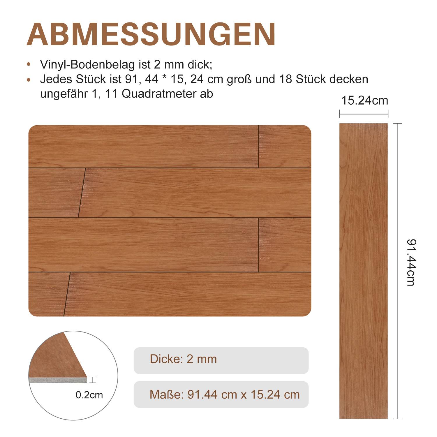 PVC Vinylboden Bodenbelag Selbstklebend 36 Stück 5 m², Wasserfest Rutschfest Vinyl Dielen für Küche, Wohnzimmer (Holzbraun)