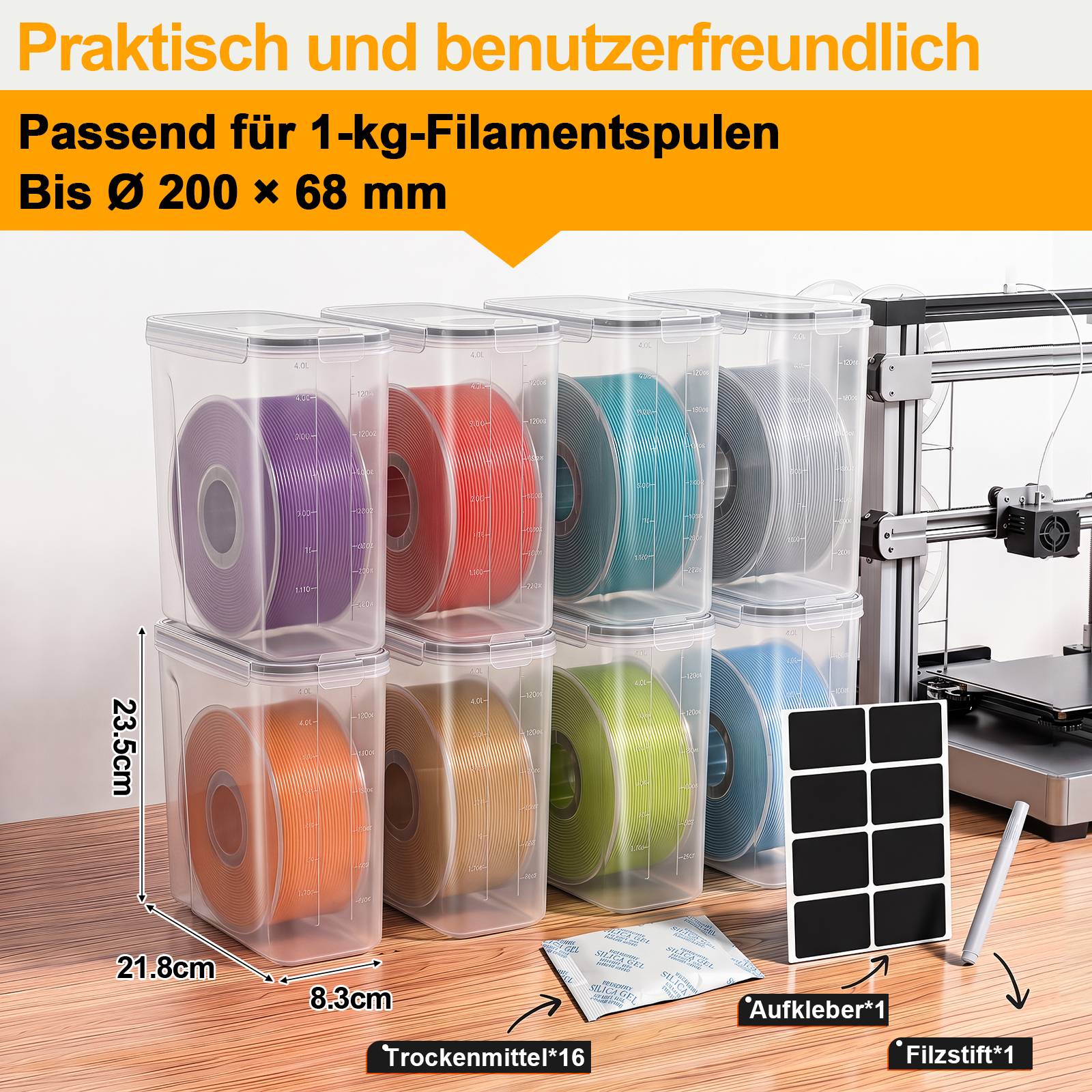 8er-Set 3D Drucker Filament Aufbewahrungsbox 4L, Wasserdichte Trockenbox mit Trockenmittel für 1,75mm Filament