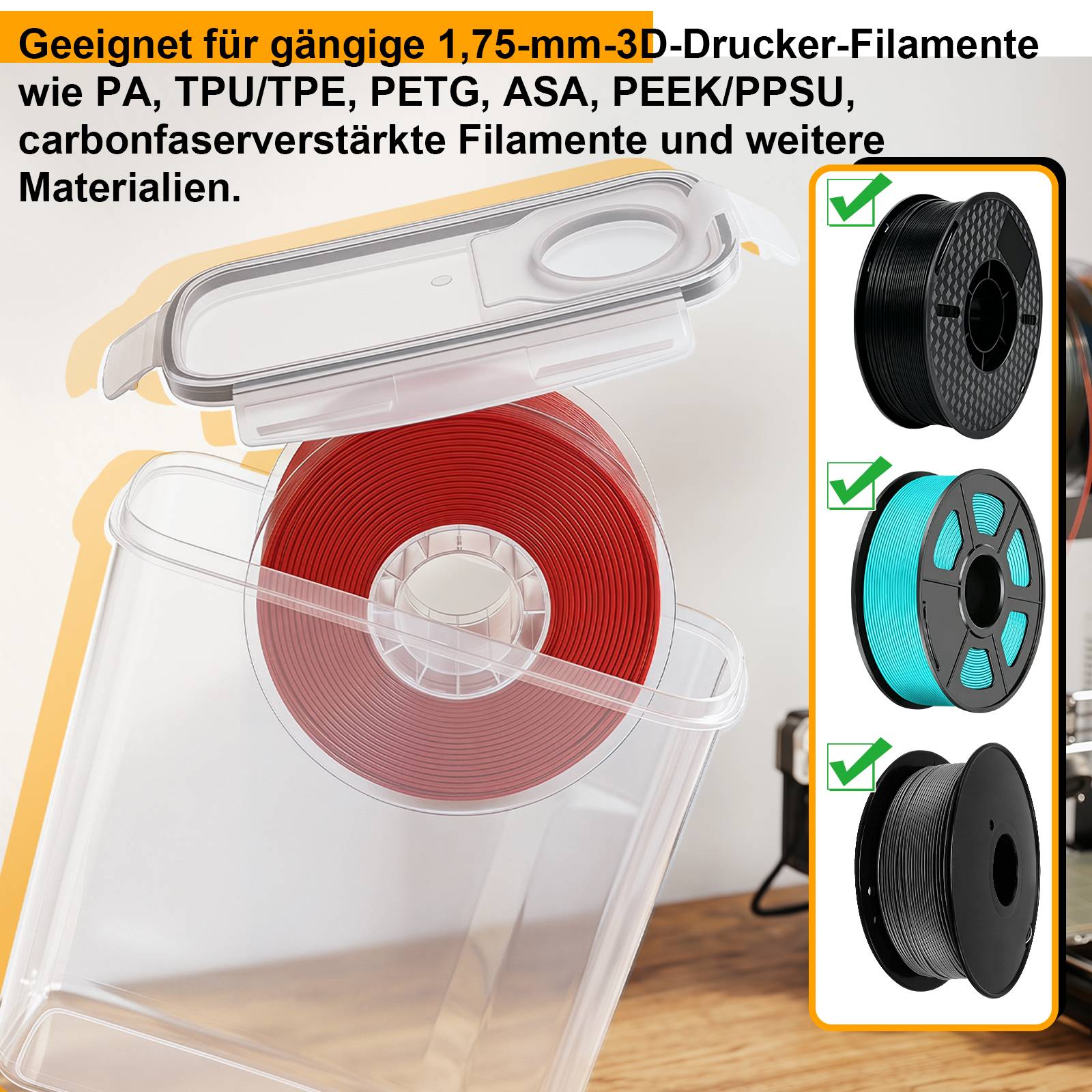 Luftdichte 3D Drucker Filament Trockenbox 4L, Aufbewahrungsbox mit Feuchtigkeitsschutz für 1,75mm Filament (PLA/PETG)