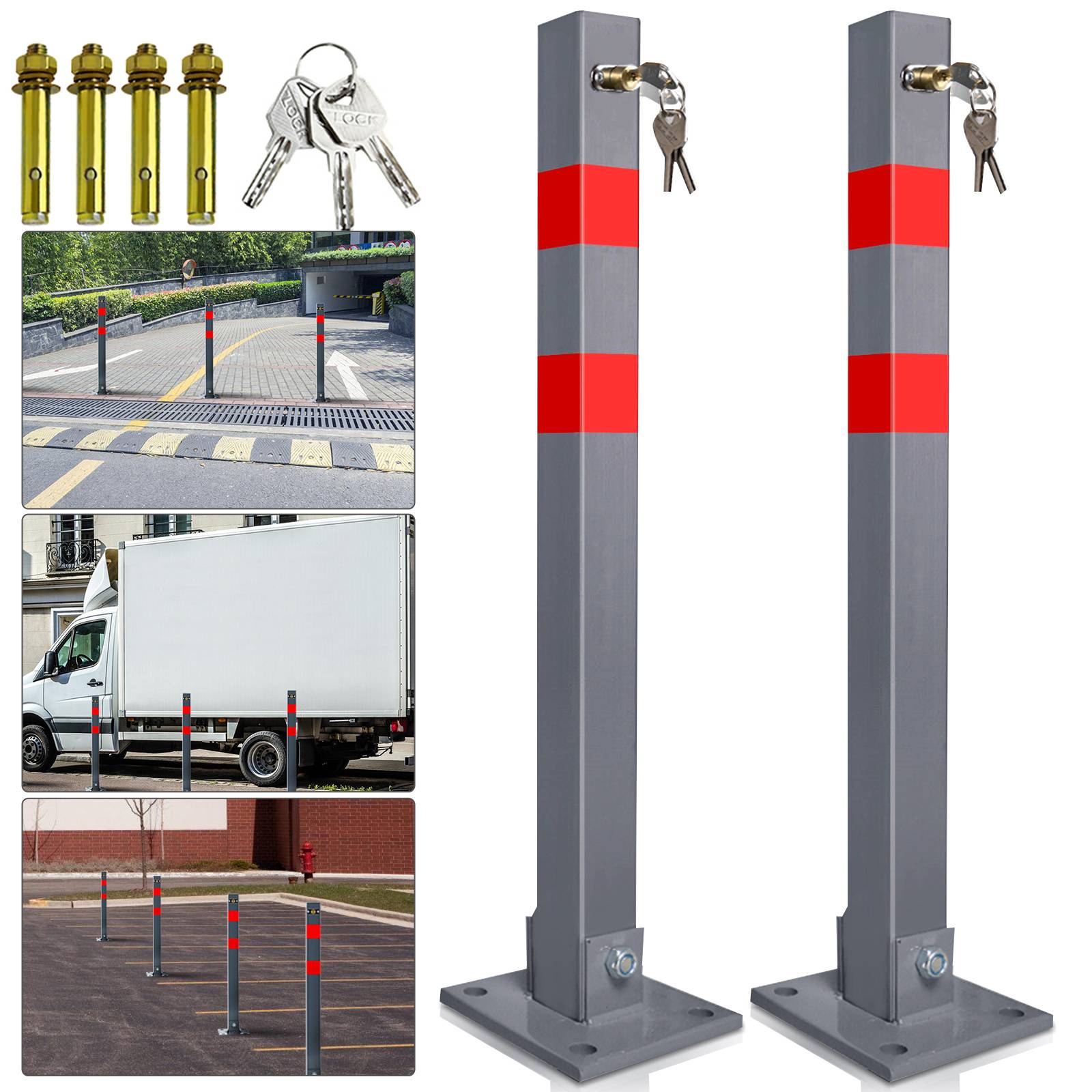 Absperrpfosten Parkplatz 67 cm, abschließbarer Parkplatzpfosten mit Reflexstreifen 2 Stück