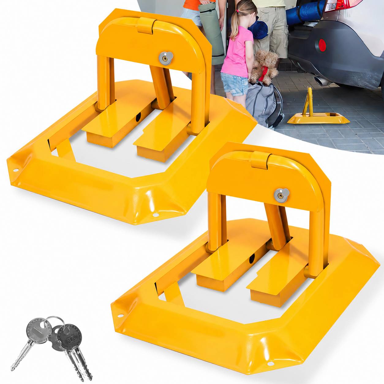 Klappbare Parkplatzsperre 55,5 x 46 x 32 cm, Parkbügel mit Schloss, gelb 2 Stück