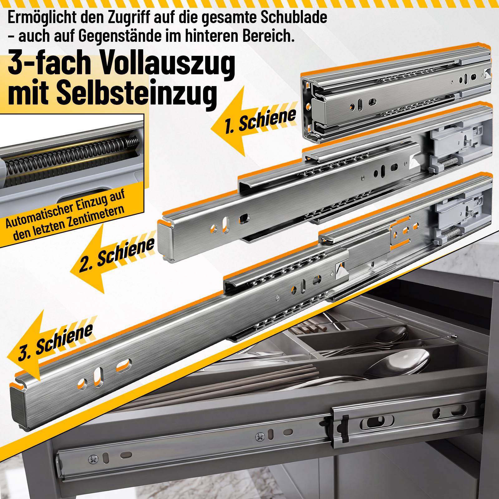 10 Paar Schubladenschienen 400 mm Vollauszug, 3-teilig, Softclose mit Selbsteinzug, 45 kg Tragkraft, Schubladenauszug aus Stahl