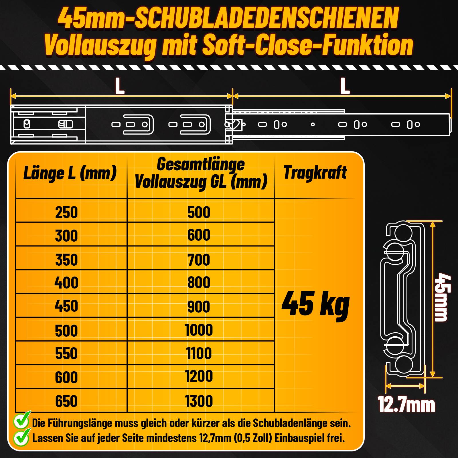 3 Paar Schubladenschienen 650 mm mit Dämpfung, Vollauszug 3-teilig, leise kugelgelagerte Auszüge für Möbel und Schubladen