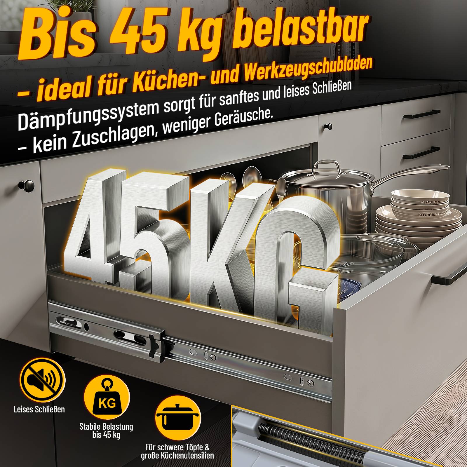 10 Paar Schubladenschienen 550 mm Vollauszug, 3-teilig, Softclose mit Selbsteinzug, 45 kg Tragkraft, Schubladenauszug aus Stahl