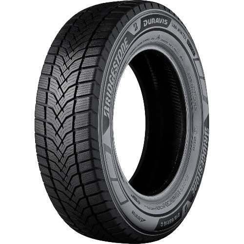 Schwarzer Bridgestone Duravis Transporter-Reifen in Schrägansicht auf einfarbigem Hintergrund, mit sichtbarem Profil und Seitenwand-Branding.