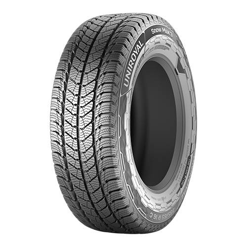 Nahaufnahme eines Uniroyal Snow Max 3 Winterreifens, vor schwarzem Hintergrund mit tiefem Profilmuster dargestellt.