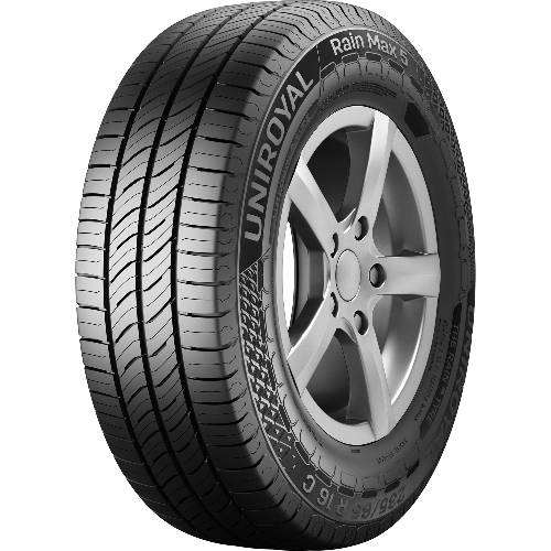 Ein Autoreifen und Felge, dargestellt in einem produktstilisierten Bild, mit der Markenbezeichnung „UNIROYAL Rain Max 5