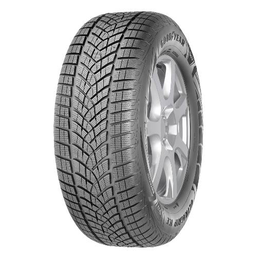 Ein Goodyear Ganzjahresreifen mit dem gezeigten Profilmuster auf einer silbernen Felge vor schwarzem Hintergrund.