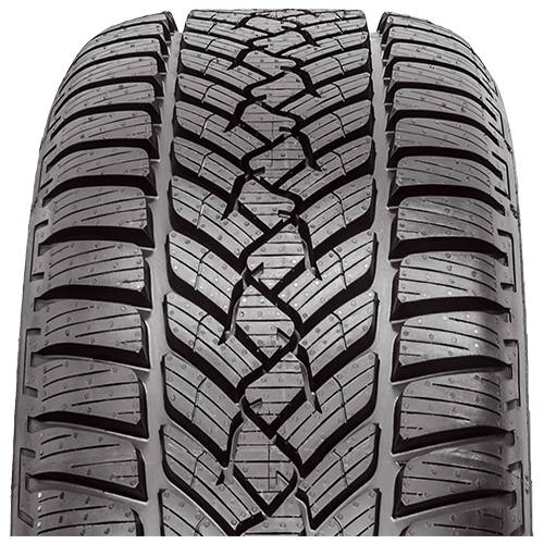 Nahaufnahme eines Autoreifenprofils mit tiefen zentralen Zickzack-Rillen und breiten Seitenkanälen, die das Griffmuster betonen.
