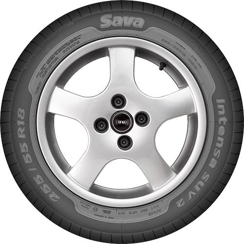 Vorderansicht eines Autoreifens und einer Felge, die eine silberfarbene Fünfspeichen-Leichtmetallfelge mit einem schwarzen Sava Intensa SUV-Reifen zeigt.