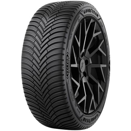 Goodyear Vectra Reifen auf einem schwarzen Leichtmetallrad, Schrägansicht auf schwarzem Hintergrund.