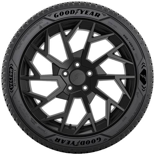 Schwarzer Goodyear Vector-Reifen auf einer dunklen mehrspeichigen Felge montiert, frontal vor neutralem Hintergrund gezeigt.
