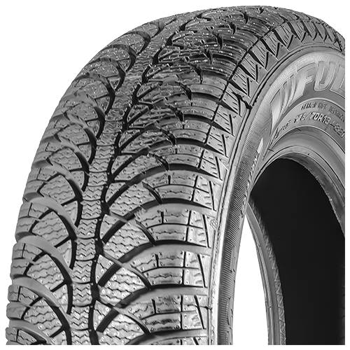 Nahaufnahme eines Autoreifens mit tiefem, profiliertem Ganzjahres- oder Winterreifen aus Gummi vor schwarzem Hintergrund.