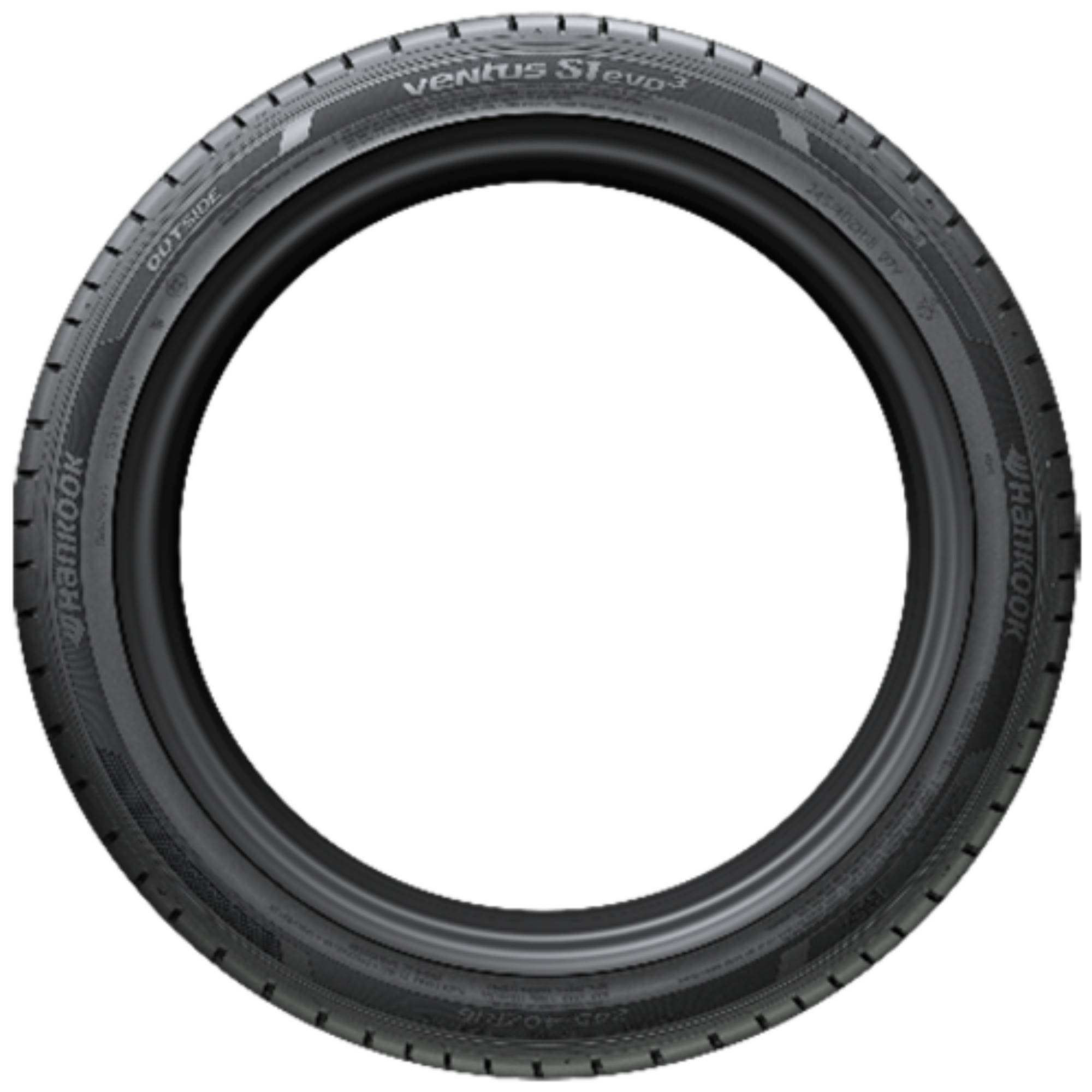 Vorderansicht eines schwarzen Hankook Ventus S1 evo3 Autoreifens mit sichtbarem Profil und Seitenwandschrift auf einfachem dunklem Hintergrund.