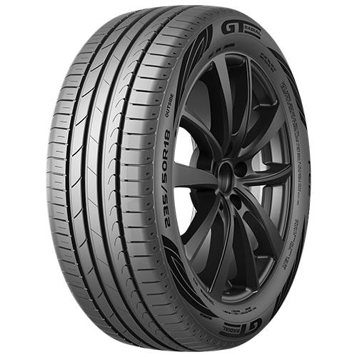 Schwarzer Performance-Autoreifen auf einem dunklen Leichtmetallrad, dargestellt in einer produktgestalteten Studio-Renderung mit Größenkennzeichnung 235/50R18.