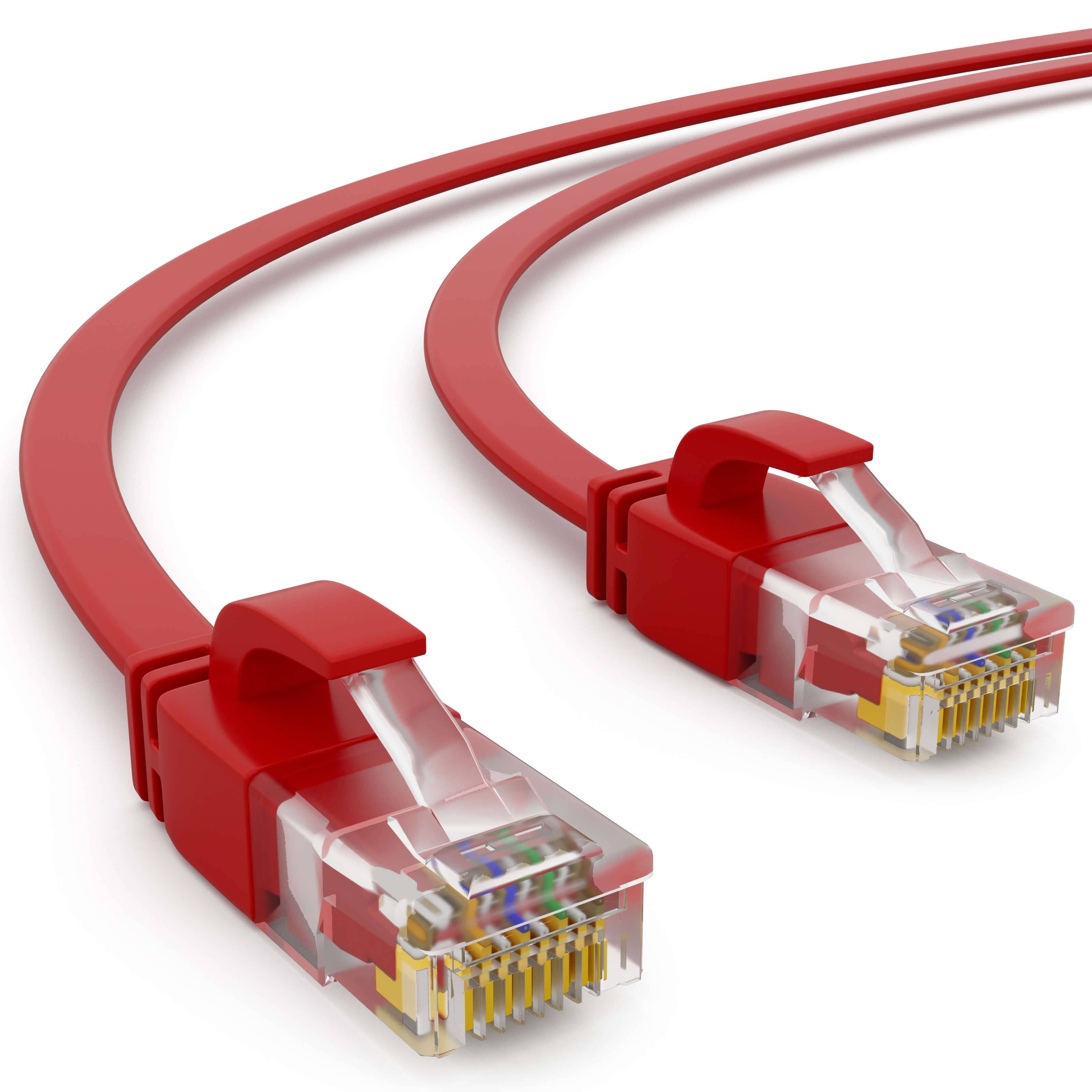hb-digital 10m Patch Kabel CAT 6 Flachkabel bis zu 1000Mbit/s, U/UTP, PVC Mantel flach rot