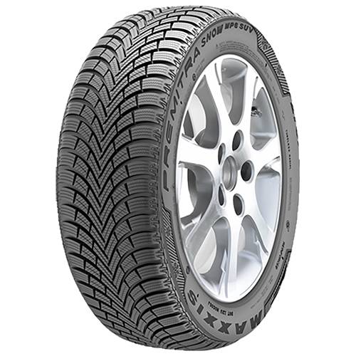 Ein Nahaufnahme-Produktfoto eines Winter-SUV-Reifens, montiert auf einer silbernen Leichtmetallfelge vor schwarzem Hintergrund, das das Profil muster und den Text auf der Reifenflanke zeigt.