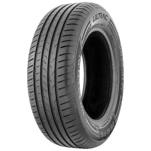 Schwarzer Bridgestone Ecopia ULTRAC Autoreifen in schrägem Winkel auf einfarbigem schwarzem Hintergrund gezeigt.
