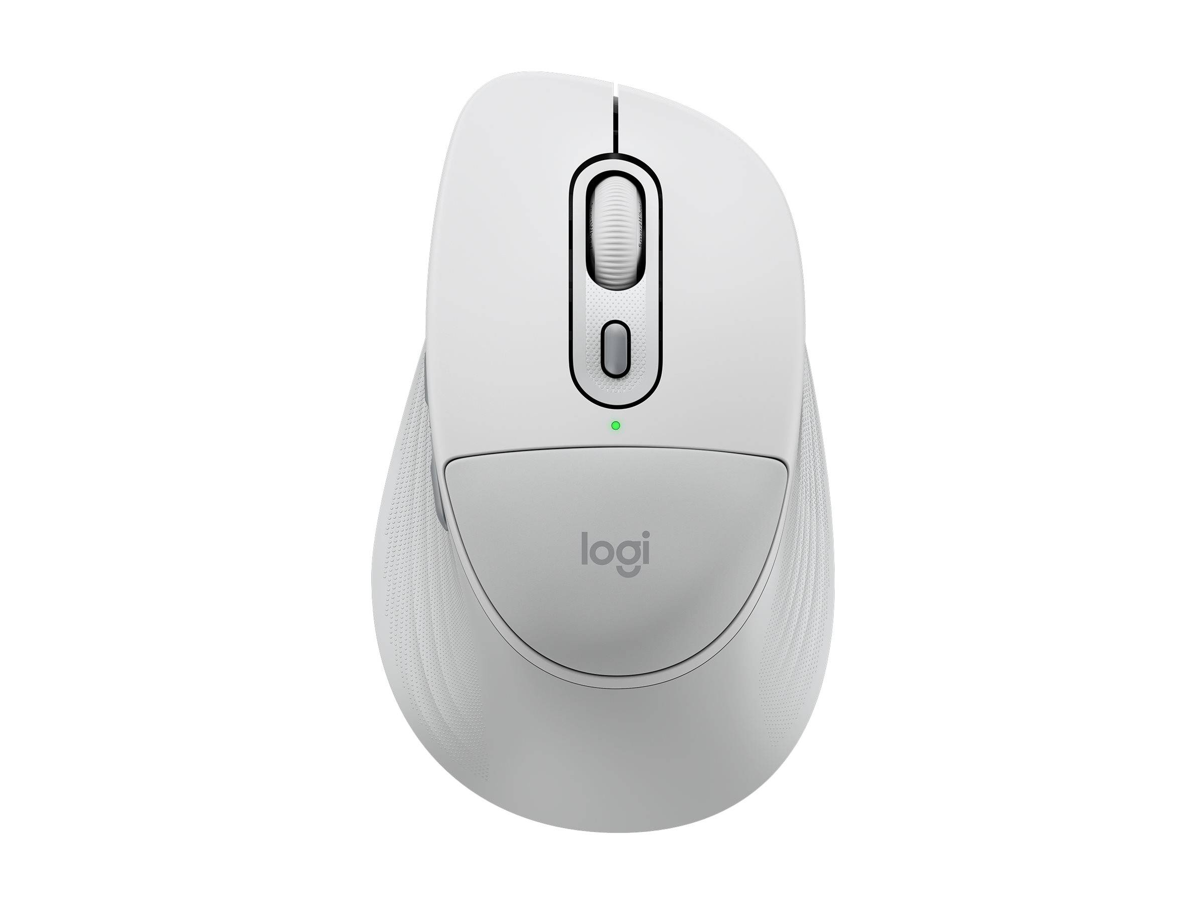 Draufsicht einer weißen kabellosen Logitech-Maus mit Scrollrad, zentraler Taste und kleiner grüner Anzeigelampe.