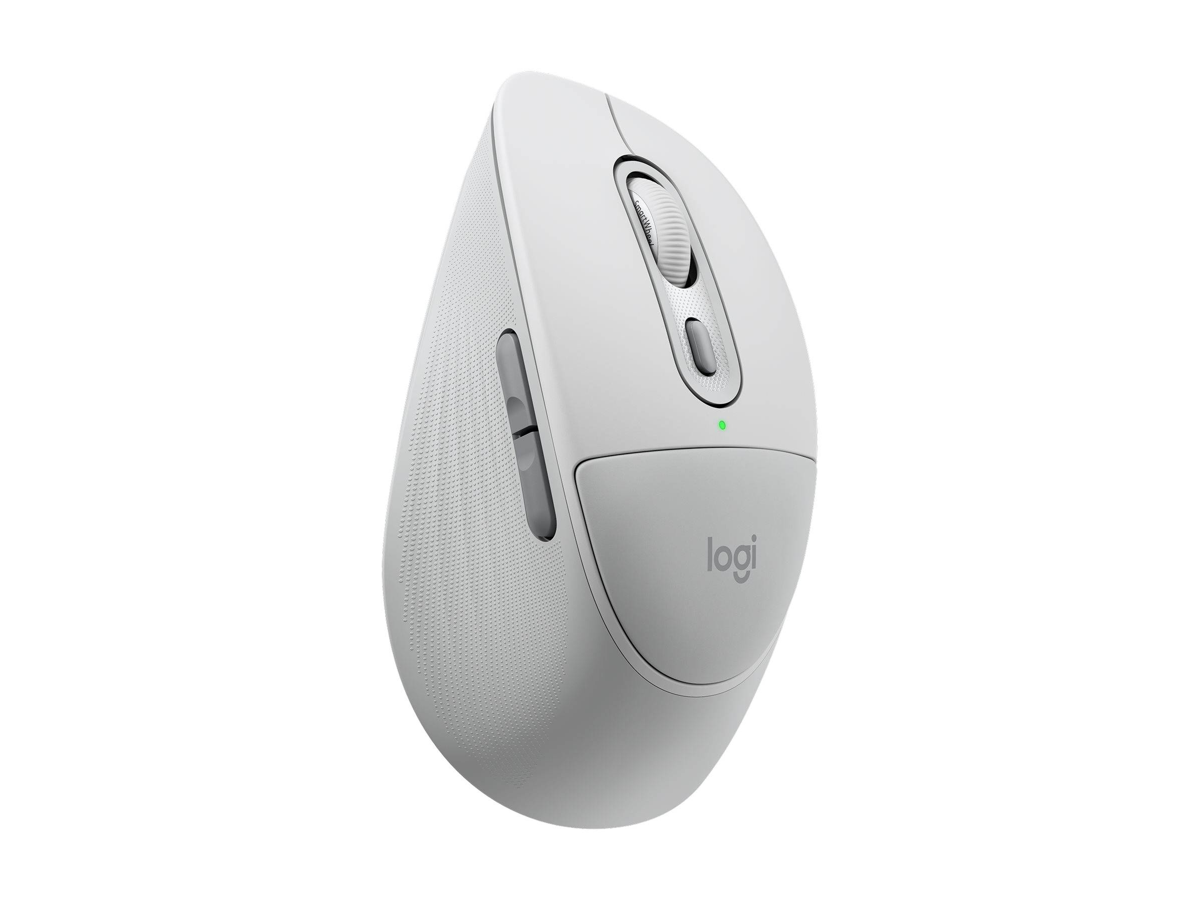 Weiße kabellose Logitech-Computermaus auf neutralem Hintergrund, mit Scrollrad, Tasten und seitlicher Daumensteuerung.