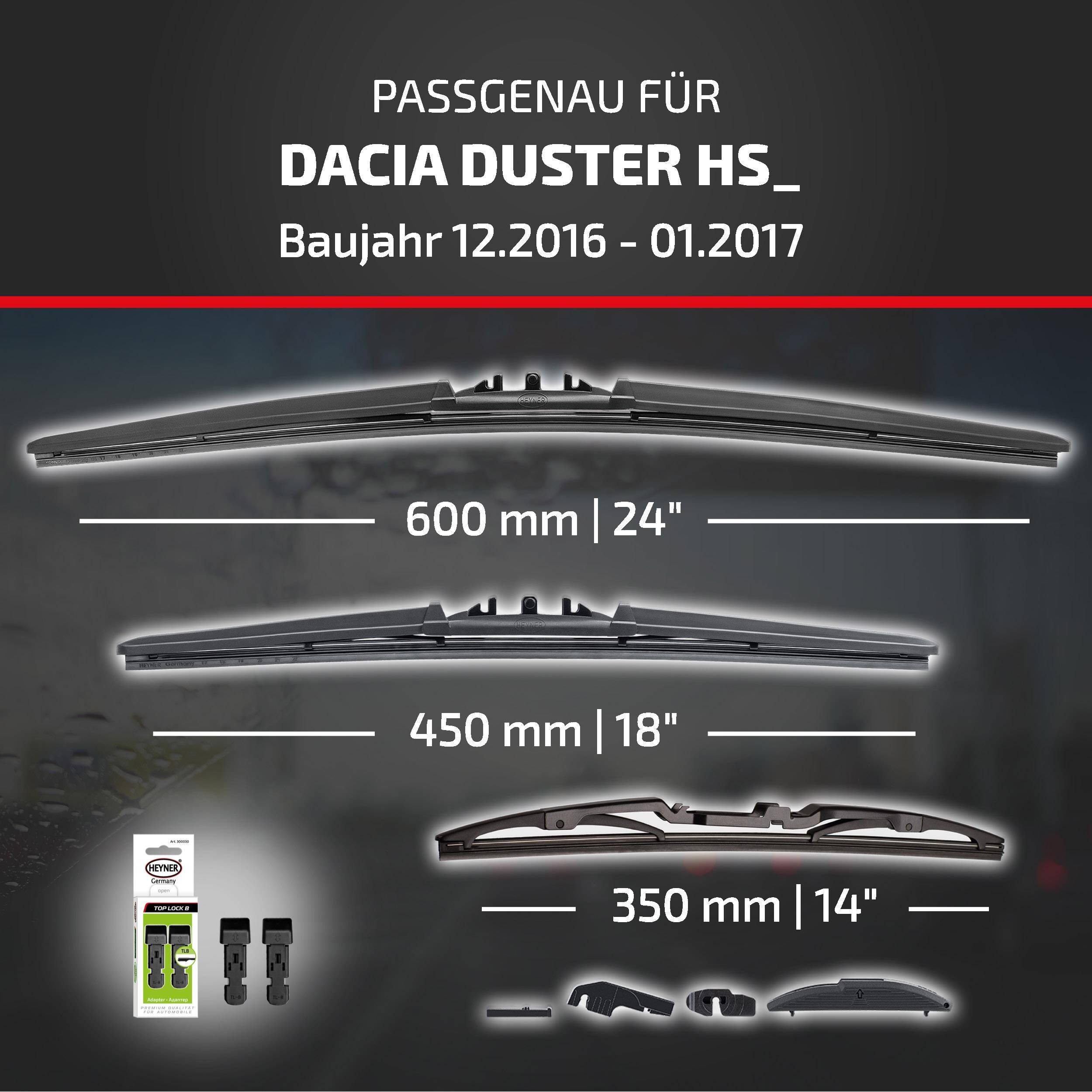 Wischerblattgrößen für Dacia Duster HS Baujahr 12/2016-01/2017: 600 mm, 450 mm und 350 mm, mit gezeigten Adapterteilen.