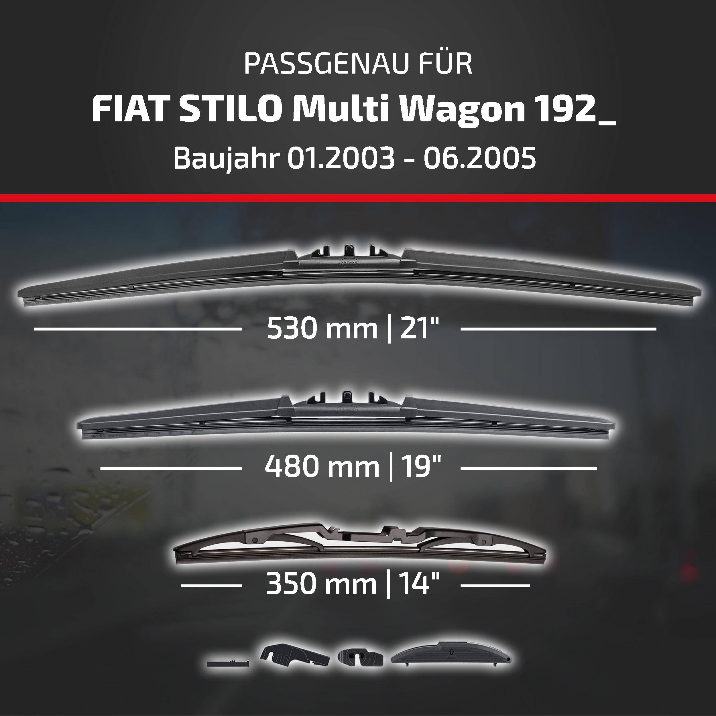 HEYNER® Scheibenwischer Komplettset für FIAT STILO Multi Wagon 01.2003 - 06.2005, HYBRID Flachbalkenwischer,