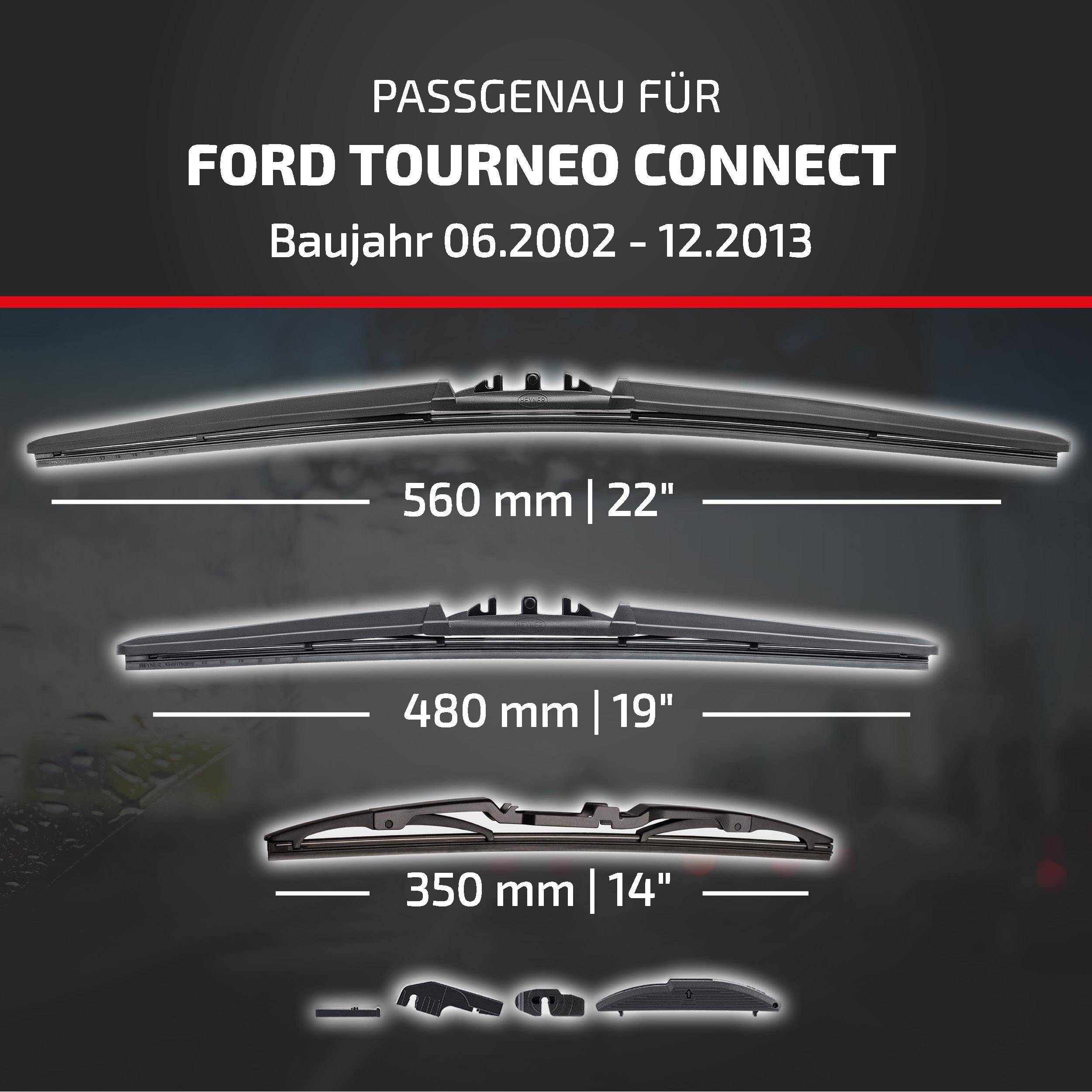 Passformgrafik für Ford Tourneo Connect Modelle 06.2002-12.2013, zeigt drei Wischblatttlängen: 560 mm, 480 mm und 350 mm.