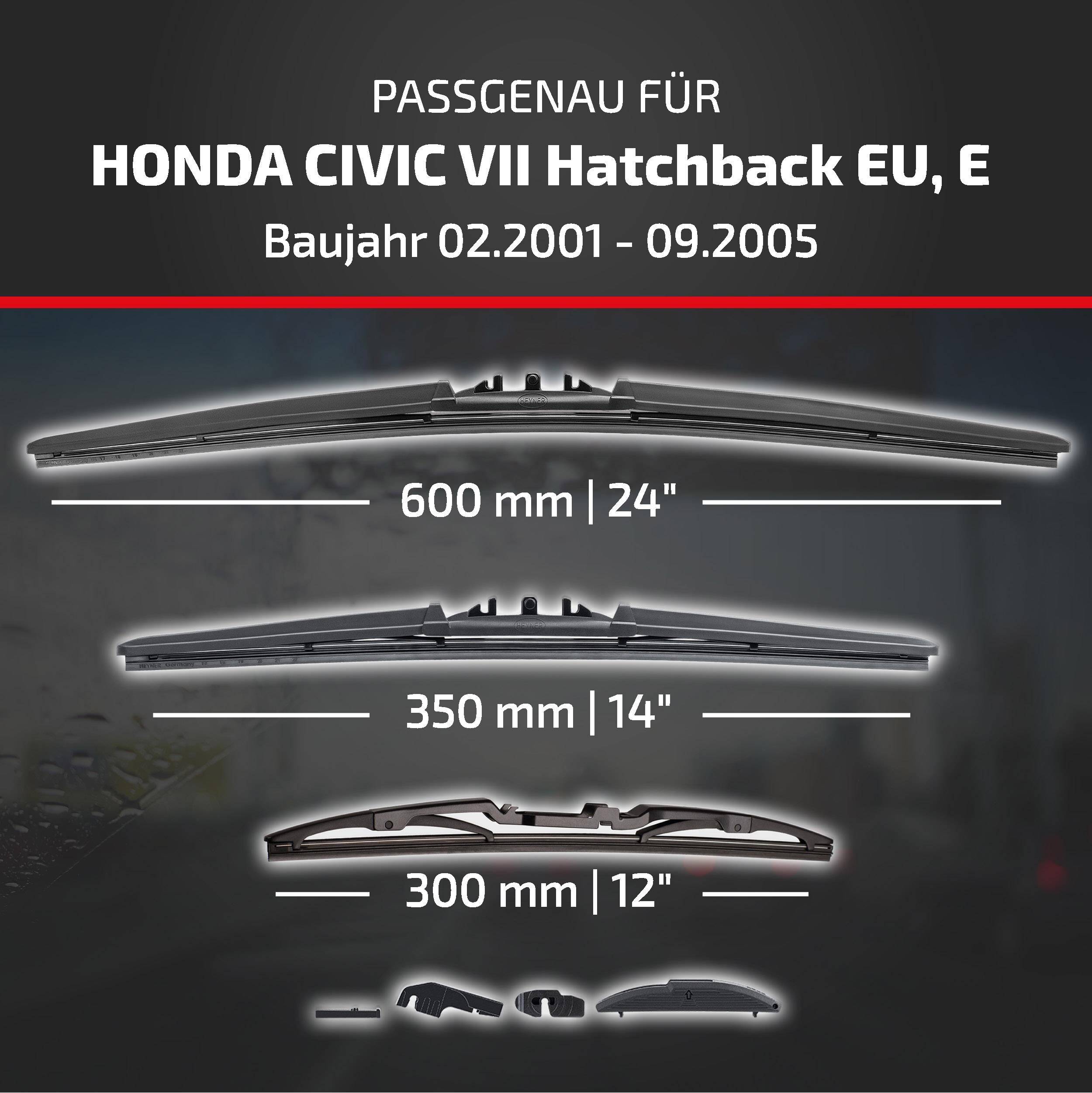 HEYNER® Scheibenwischer Komplettset für HONDA CIVIC VII Hatchback (02.2001 - 09.2005) HYBRID Flachbalkenwischer