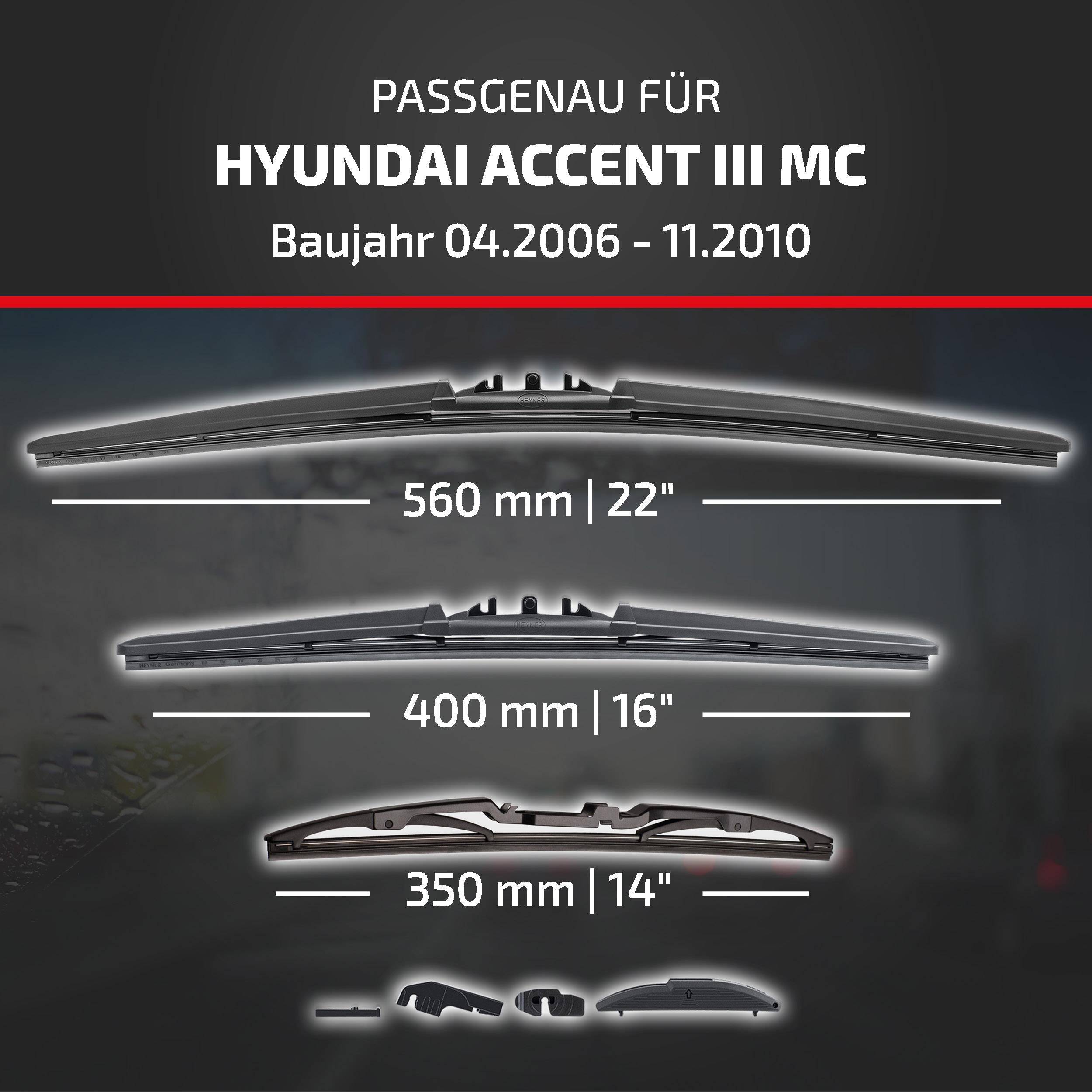 Passt auf Hyundai Accent III MC, Modelljahre 04.2006-11.2010, zeigt kompatible Scheibenwischergröße: 560 mm, 400 mm und 350 mm.