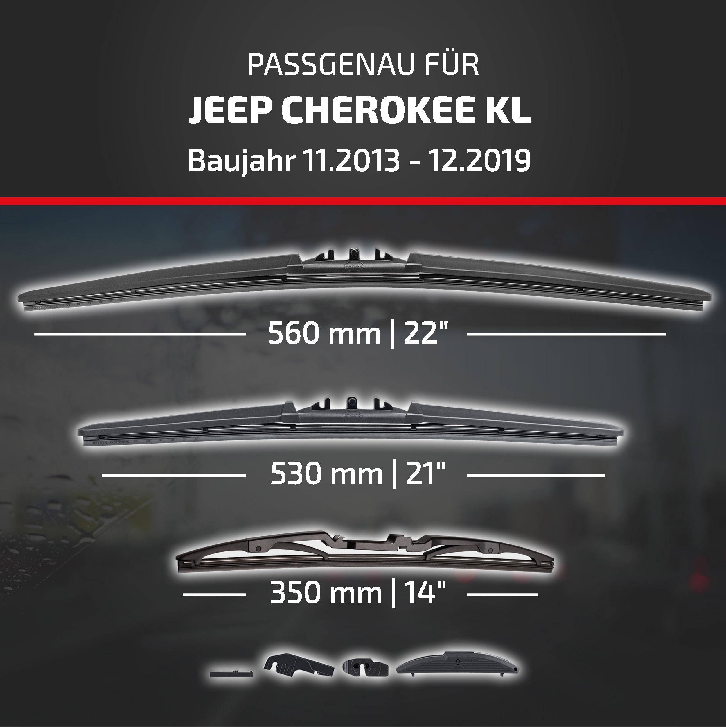 Kompatibilitätsdiagramm für Jeep Cherokee KL, Modelljahre 11/2013-12/2019, mit drei Scheibenwischer-Größen: 560 mm (22