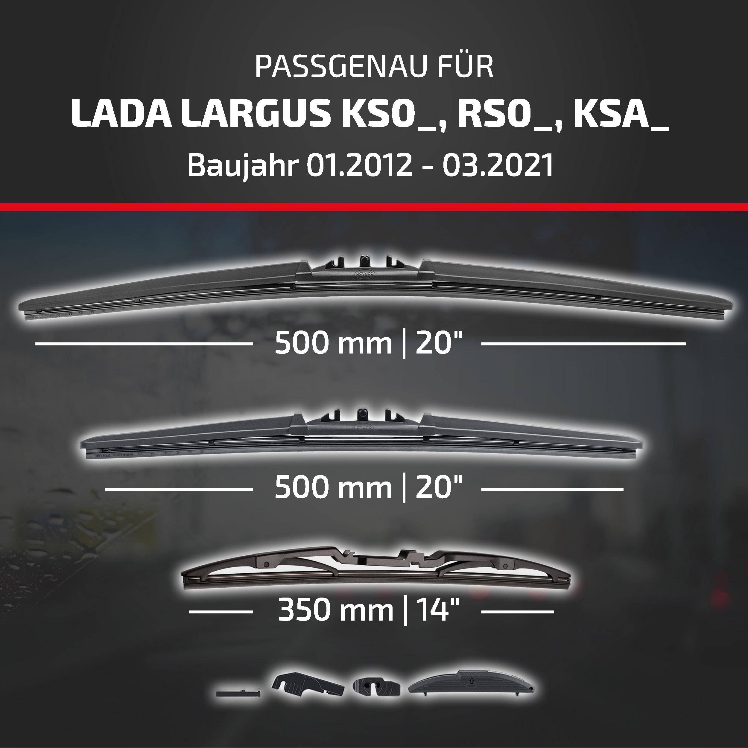 Kompatibilitätsdiagramm für Lada Largus KS0_, RS0_, KSA_ Modelle, Baujahr 01/2012-03/2021, mit Wischblattengrößen: 500 mm, 500 mm und 350 mm