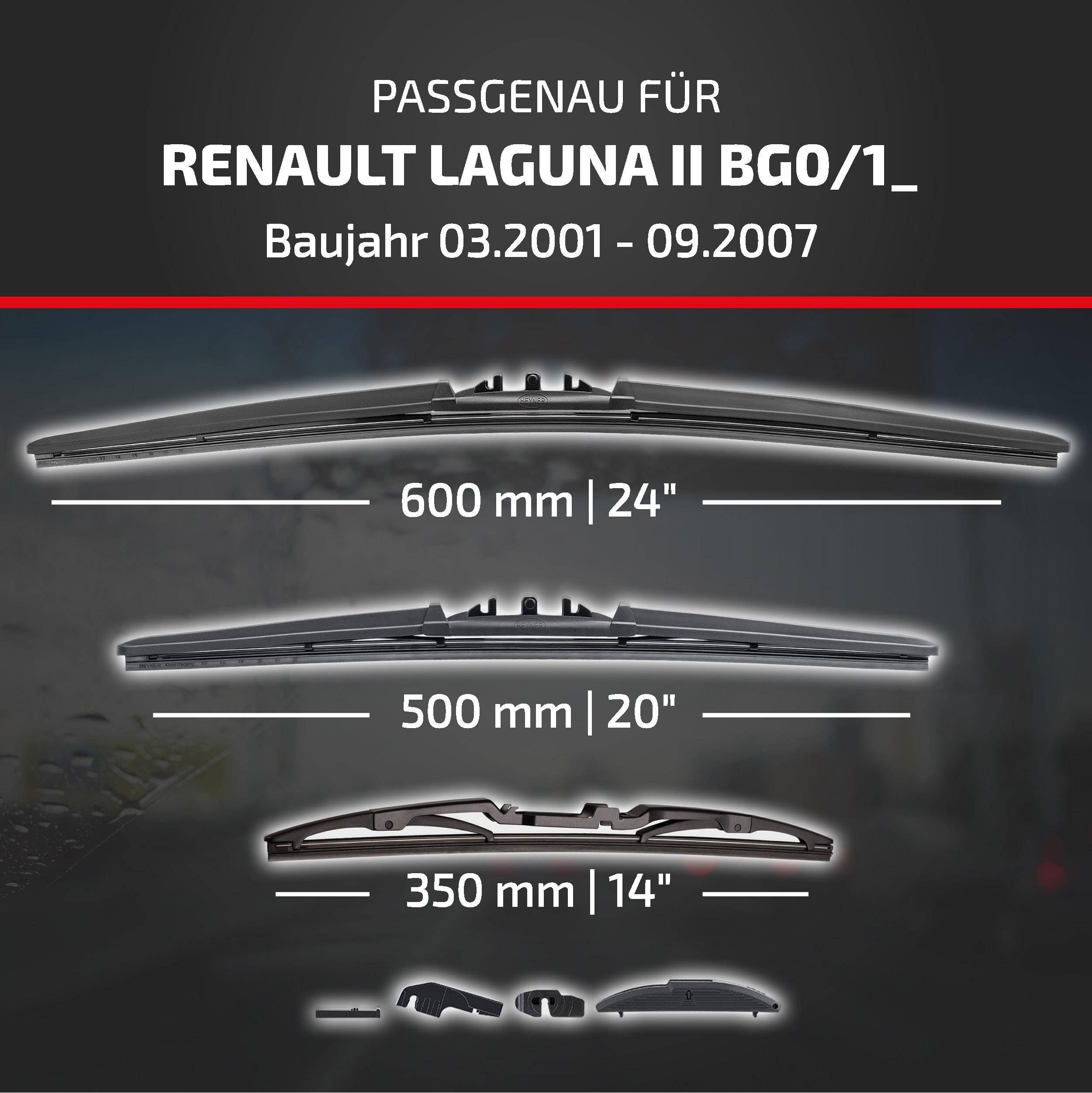 Kompatibilitätstabelle für Renault Laguna II BG0/1, Modelljahre 03.2001-09.2007, mit drei Scheibenwischer-Größen: 600 mm, 500 mm und 350 mm.