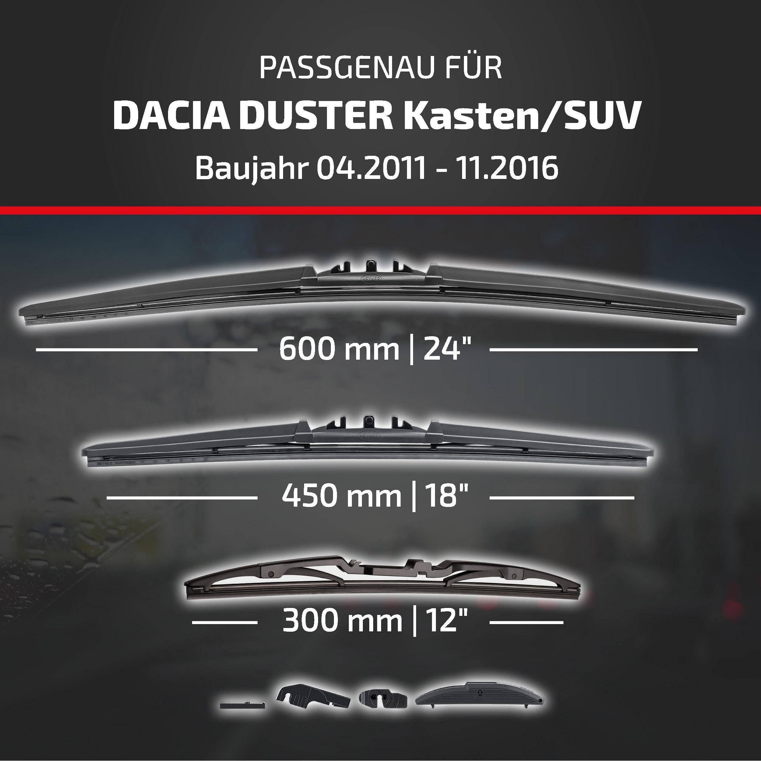 Scheibenwischer-Größen für Dacia Duster Kasten/SUV, Modelljahre 04.2011-11.2016: 600 mm, 450 mm und 300 mm.