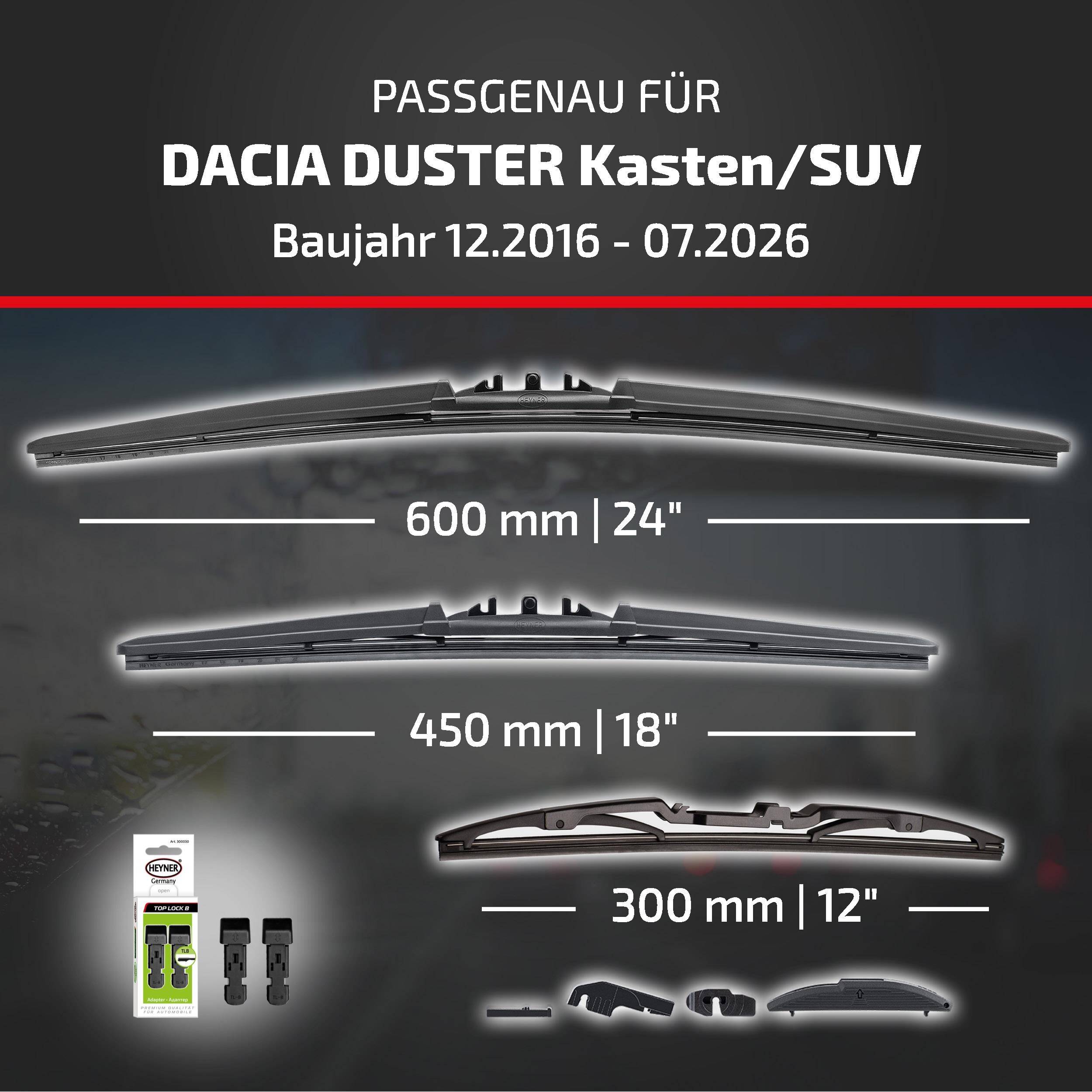 Kompatibilitätstabelle für Dacia Duster Kasten/SUV, Modelljahre 12.2016–07.2026, mit Scheibenwischergröße 600 mm, 450 mm und 300 mm mit Adapterset.