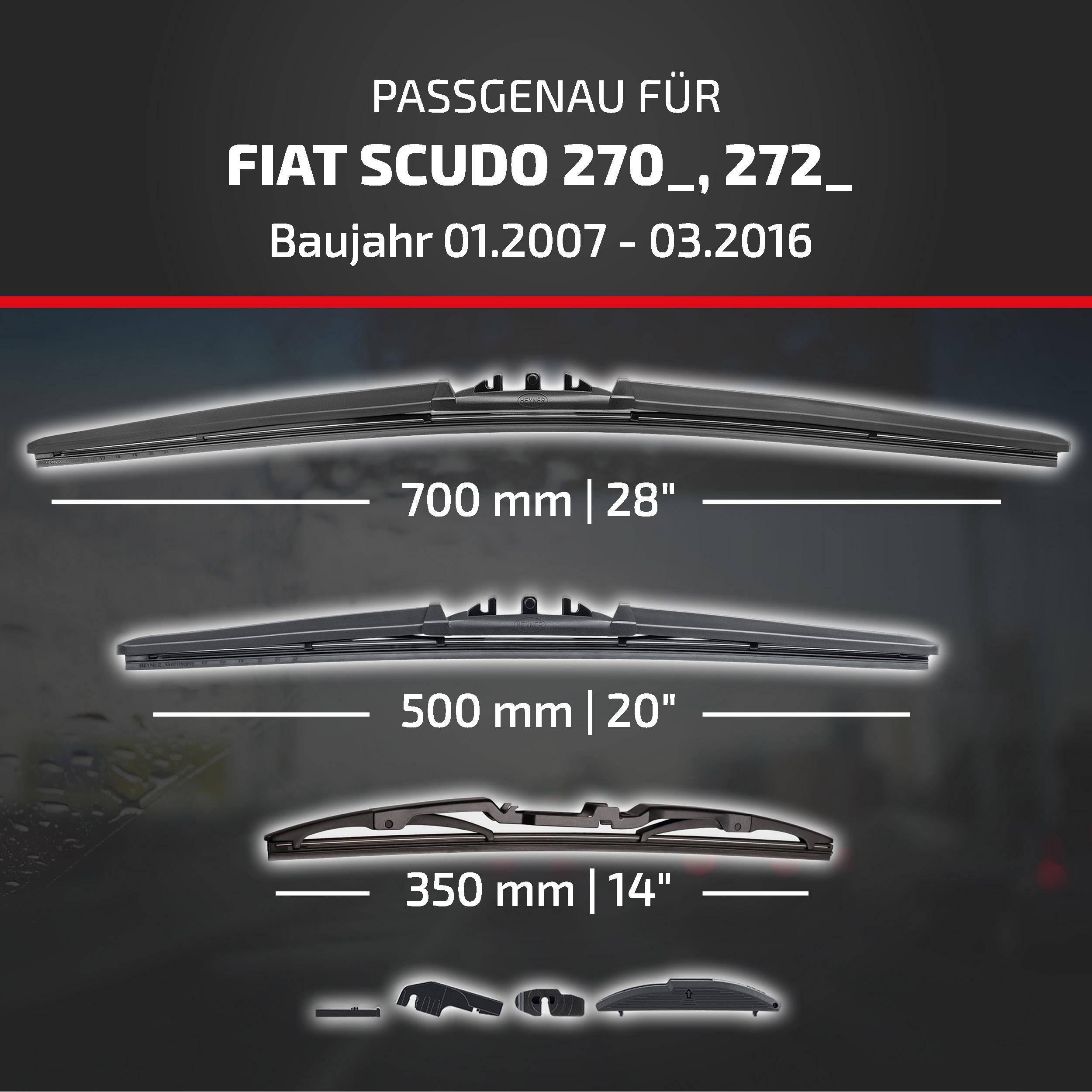 Kompatibilitätsgrafik für Fiat Scudo 270 und 272, Modelljahre 01.2007-03.2016, zeigt Scheibenwischergröße: 700 mm, 500 mm und 350 mm.