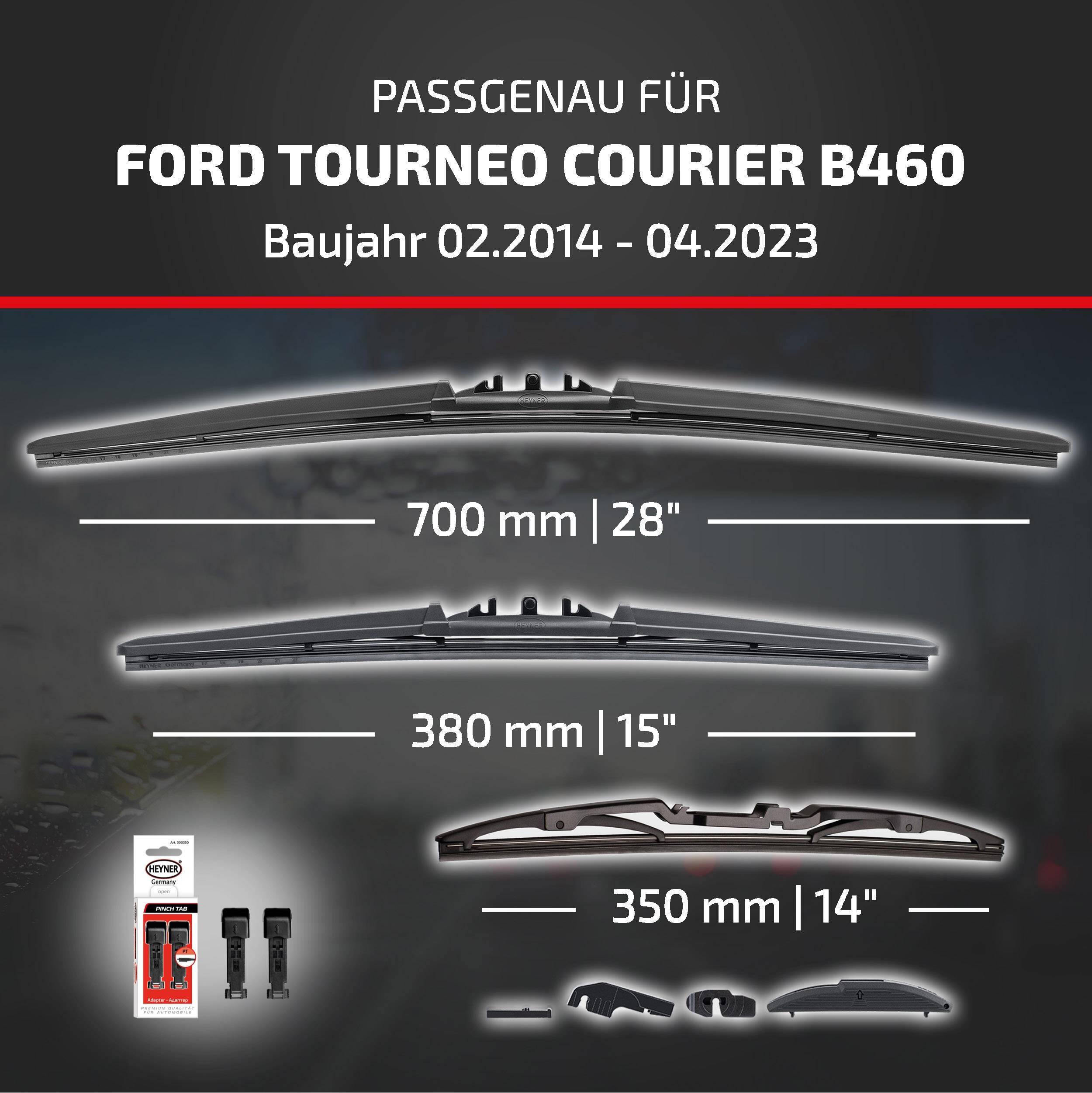 HEYNER® Scheibenwischer Komplettset für FORD TOURNEO COURIER 02.2014 - 04.2023, HYBRID Flachbalkenwischer,