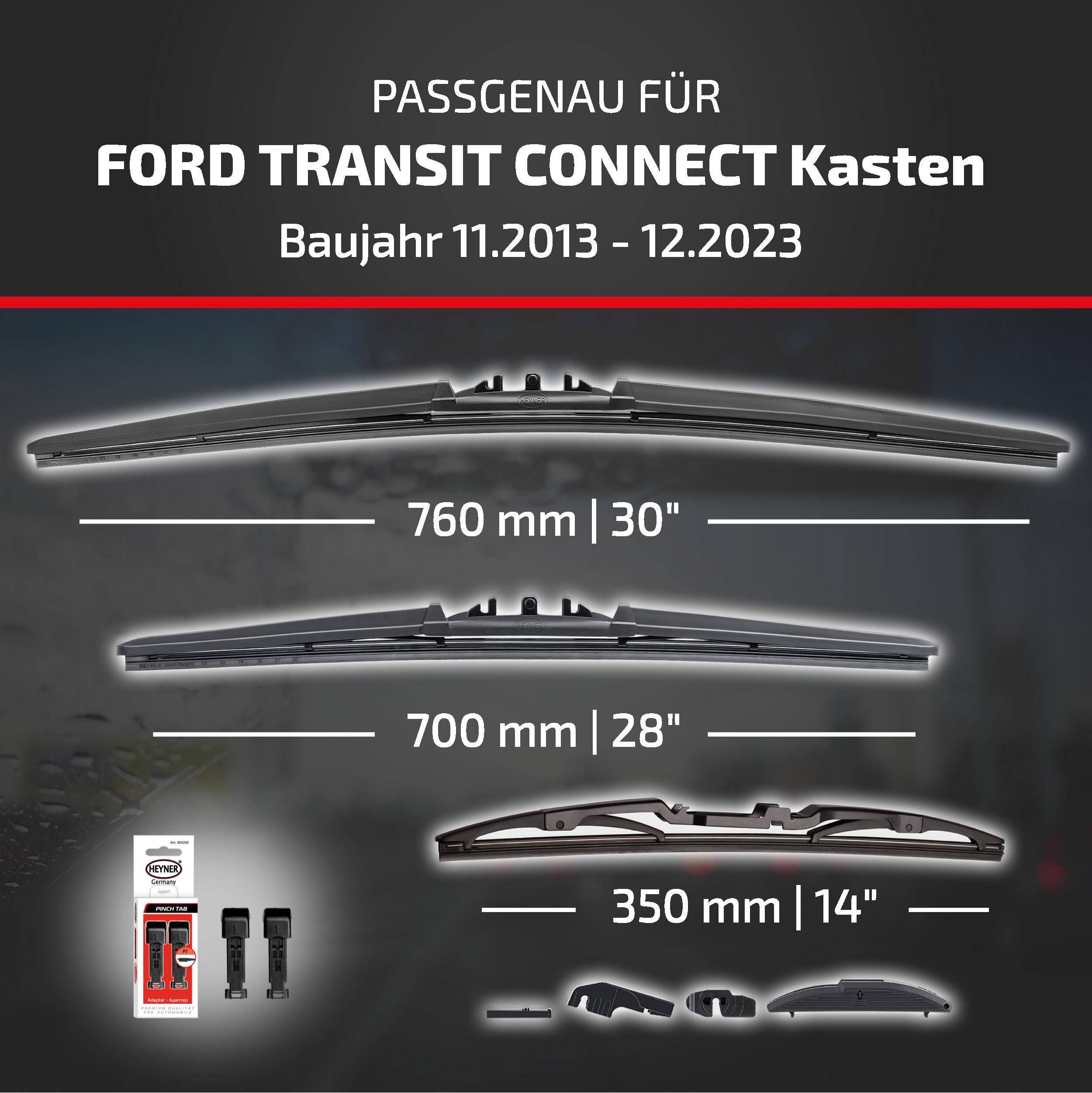 Kompatibilitätsgrafik für Ford Transit Connect Kasten (2013-2023) mit Scheibenwischerblatt-Größen: 760 mm/30
