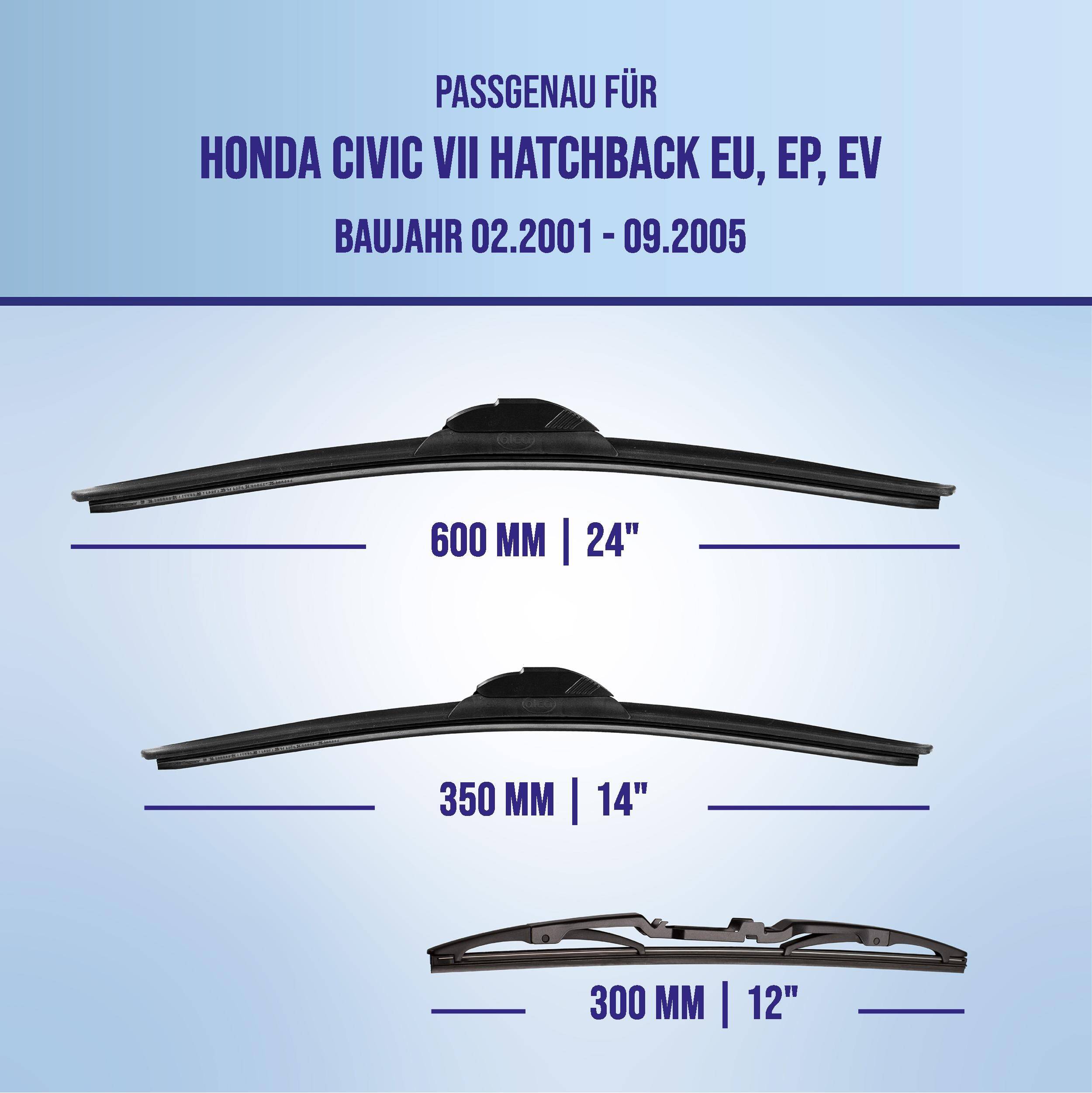 Schleiferblattsatz-Montageanleitung für Honda Civic VII Schrägheck EU/EP/EV, 2001-2005, mit Größen von 600 mm, 350 mm und 300 mm.