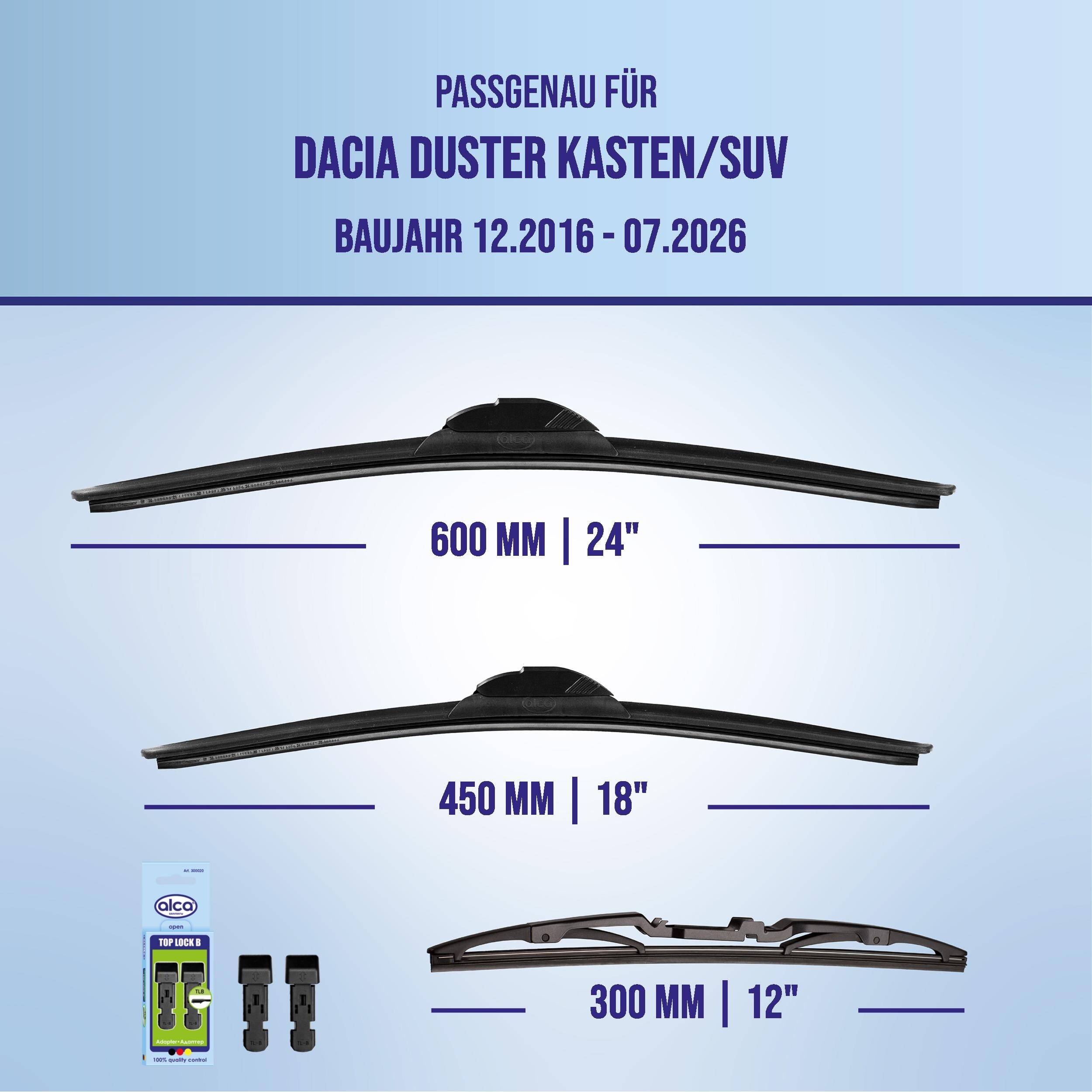 Kompatibilitätsdiagramm für Dacia Duster Kasten/SUV, Modelljahre 12.2016-07.2026, zeigt Scheibenwischergröße: 600 mm, 450 mm und 300 mm.