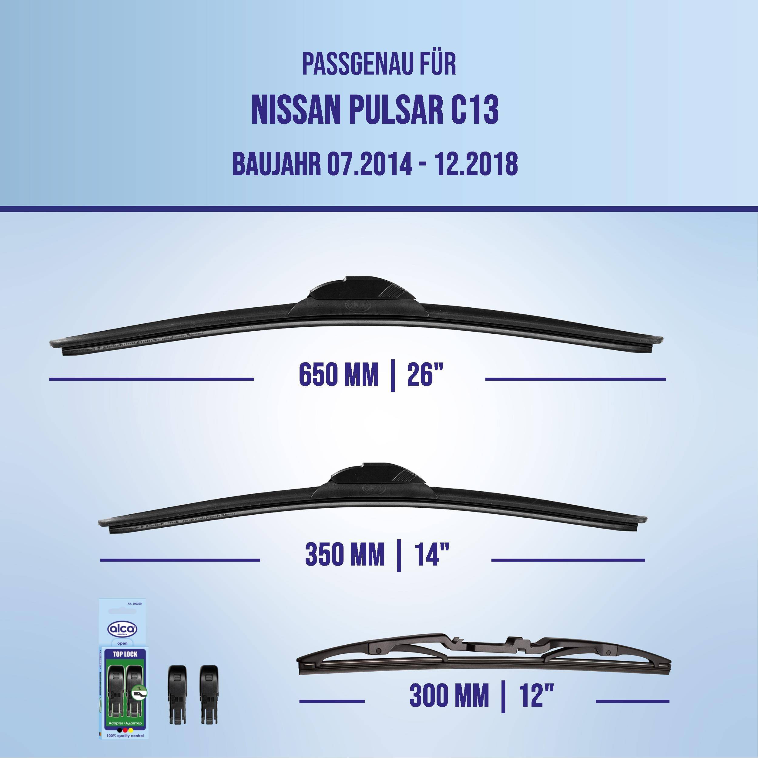 Kompatibilitätstabelle für Nissan Pulsar C13, Modelljahre 07.2014-12.2018, zeigt Wischerblattgrößen 650 mm/26