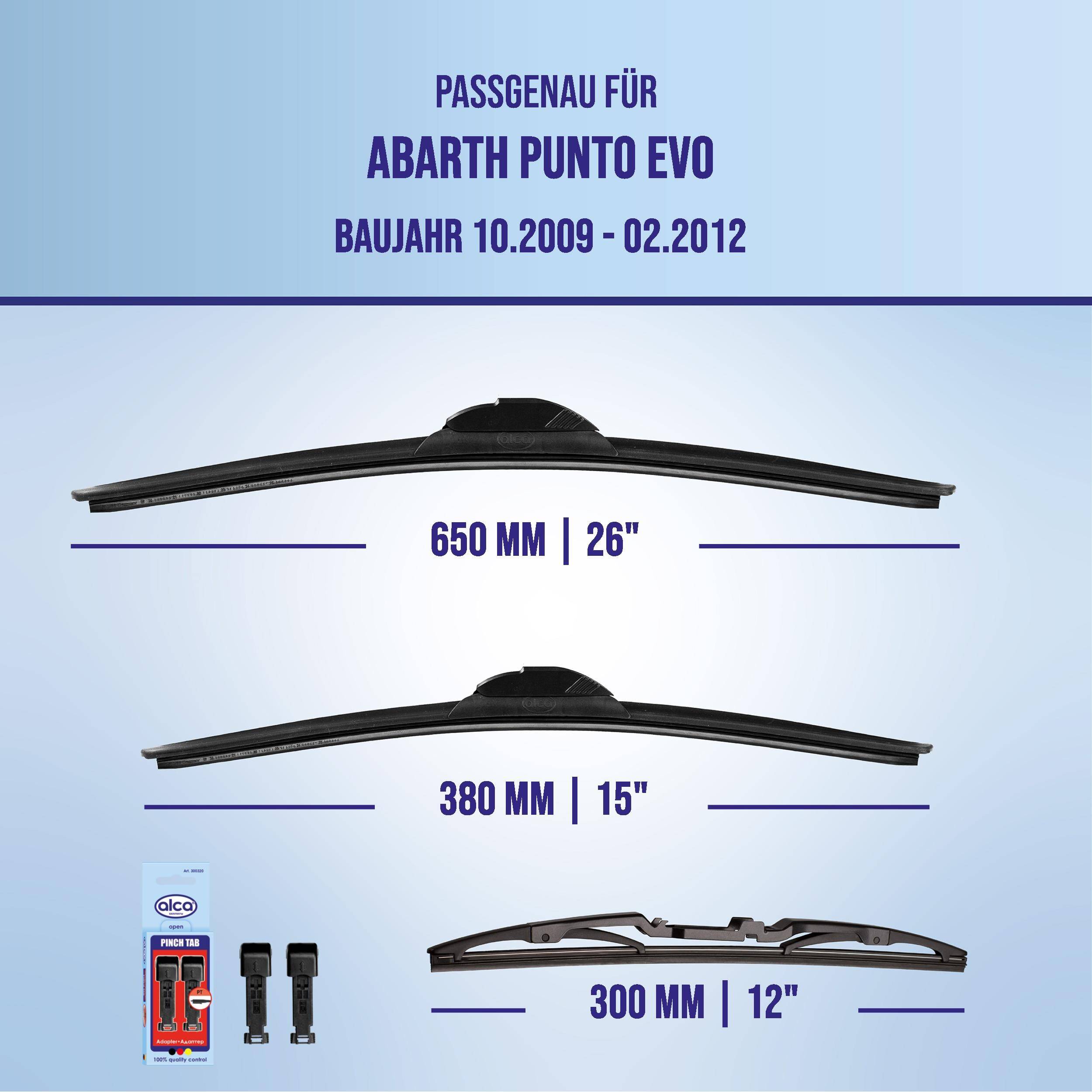 Produktkompatibilitätsgrafik für Abarth Punto Evo, Modelljahre 10.2009–02.2012, zeigt Scheibenwischergröße 650 mm (26
