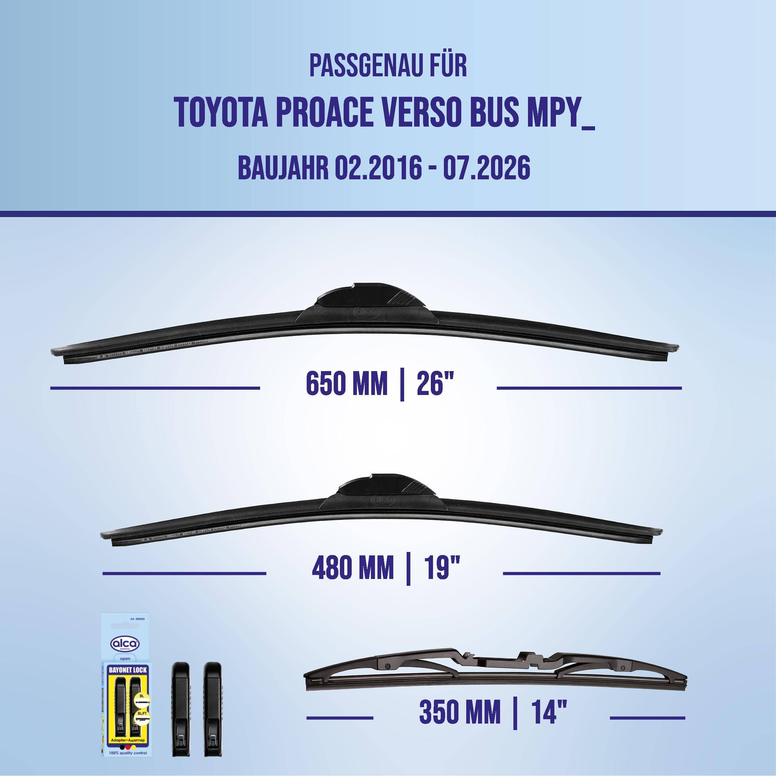alca® Scheibenwischer Komplettset für TOYOTA PROACE VERSO Bus 02.2016 - 08.2026, SUPER FLAT